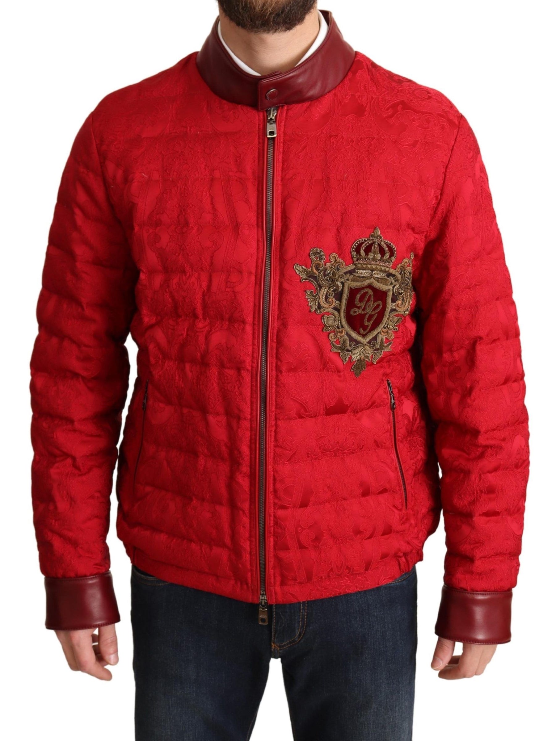 Dolce & Gabbana Red Brocade Bomber Gold Crown Logo Coat Jacket | Regal Royce
