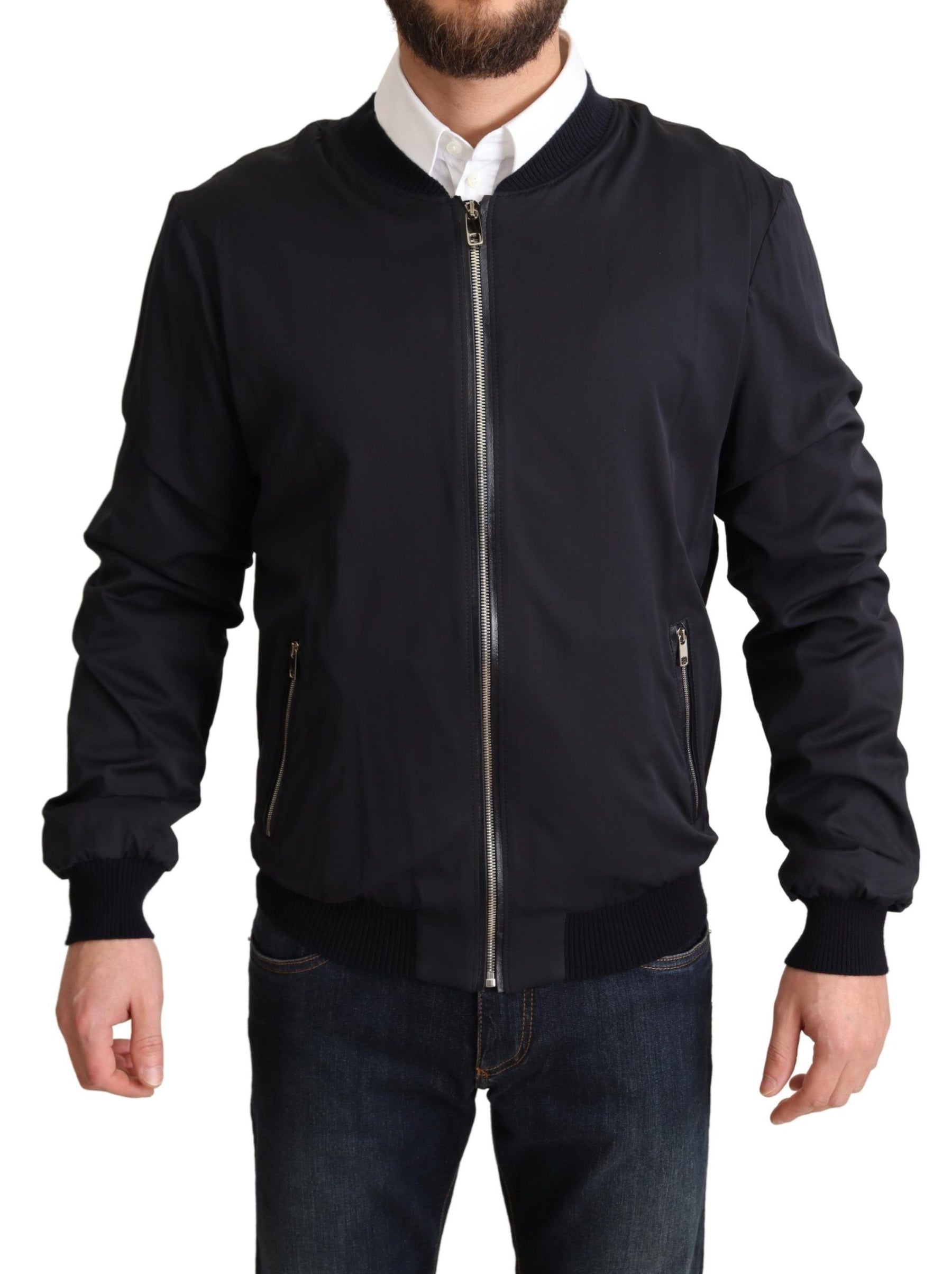 Dolce & Gabbana Blue Silk Coat Short Bomber Men Jacket | Regal Royce