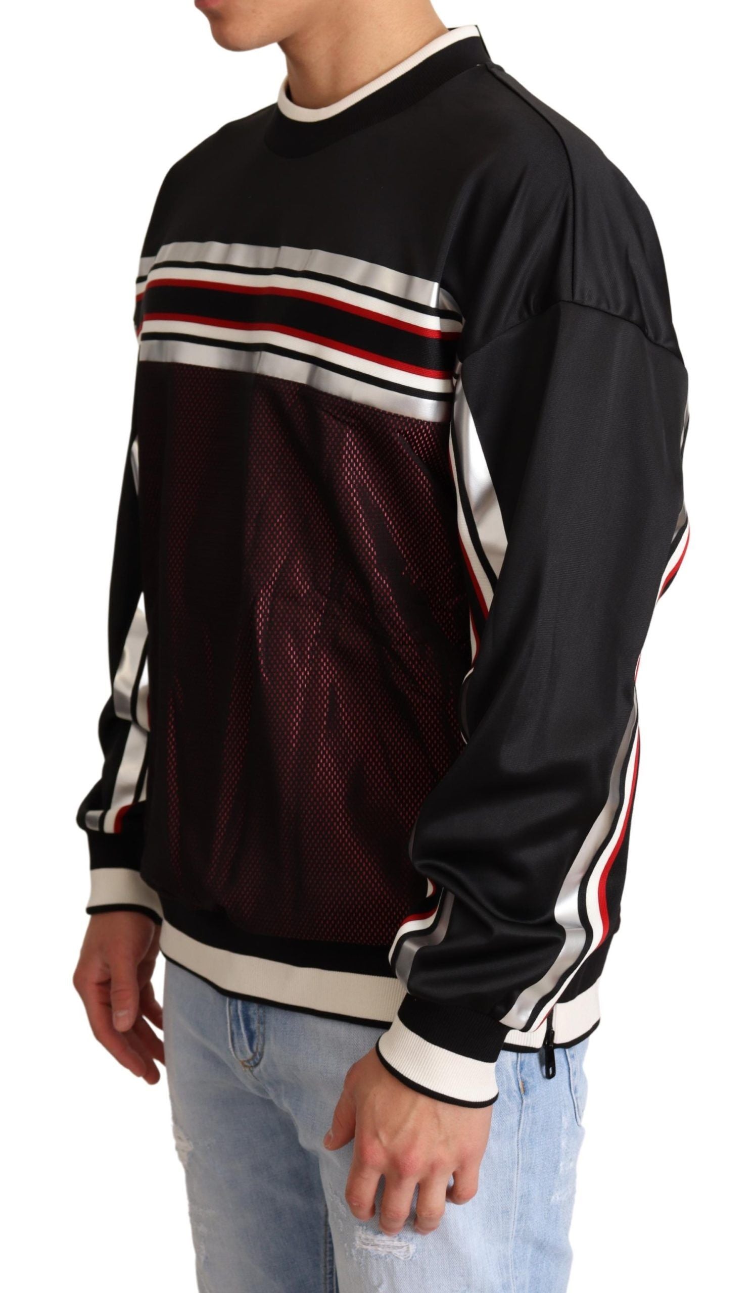 Dolce & Gabbana Black Red Mesh Sport Pullover Crewneck Sweater | Regal Royce