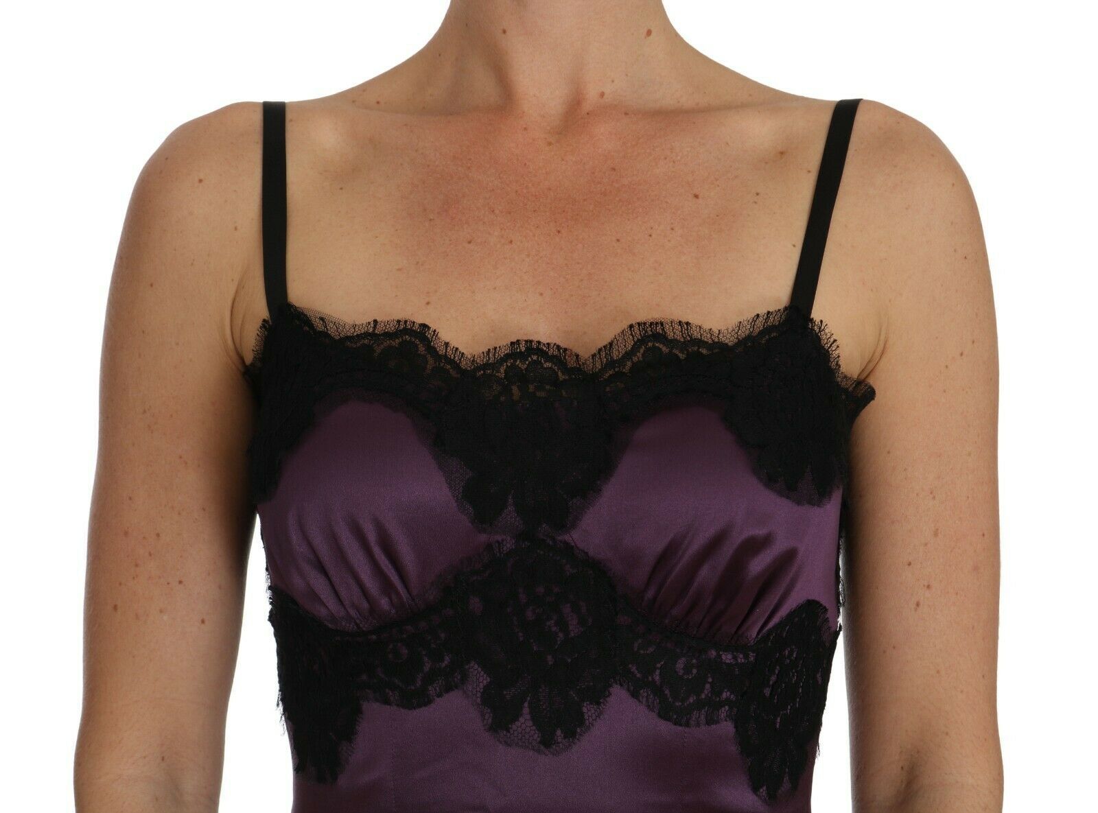 Dolce & Gabbana Purple Silk Stretch Black Lace A-Line Dress | Regal Royce