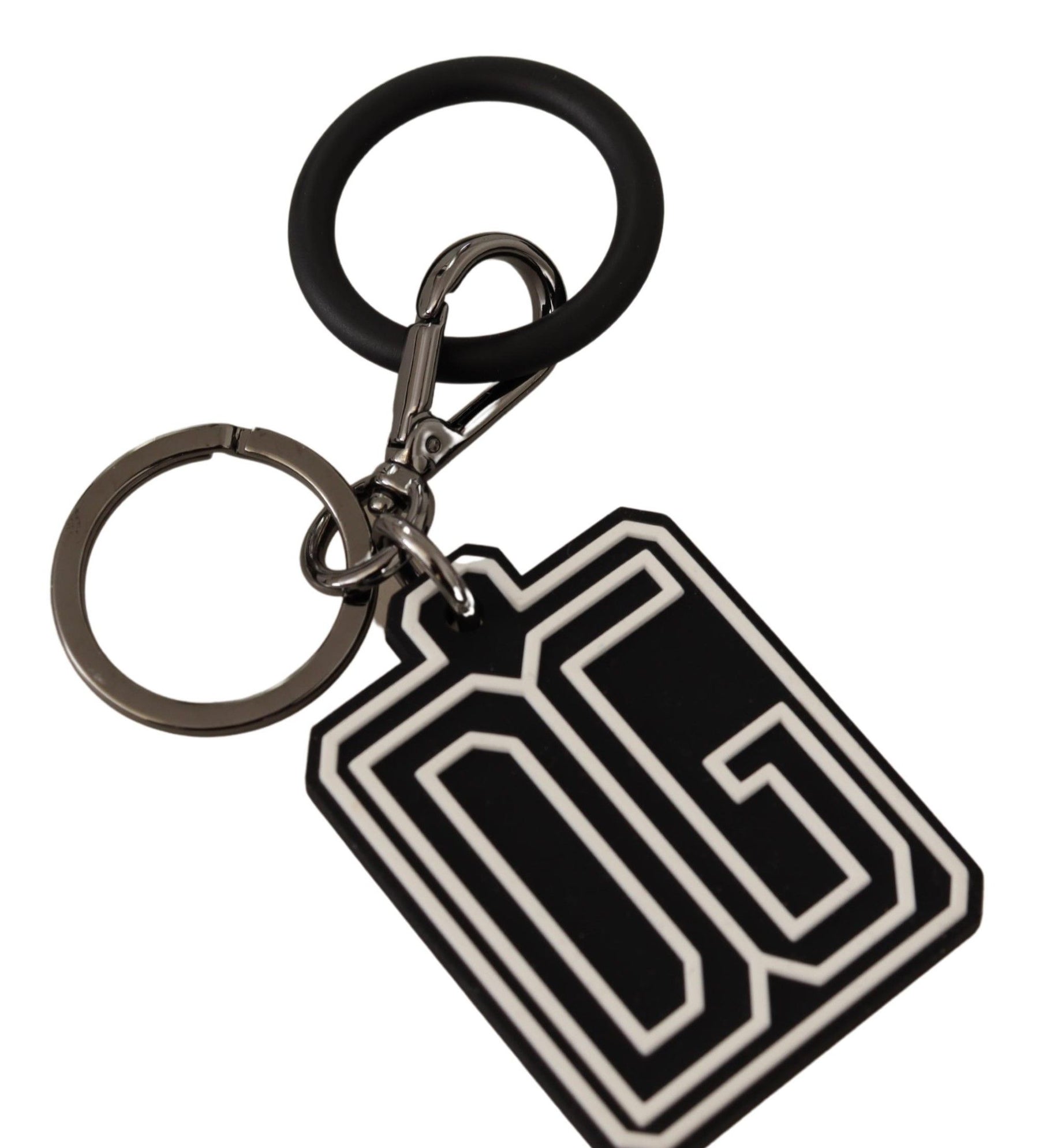 Dolce & Gabbana Black White DG Rubber Logo Silver Ring Keychain | Regal Royce