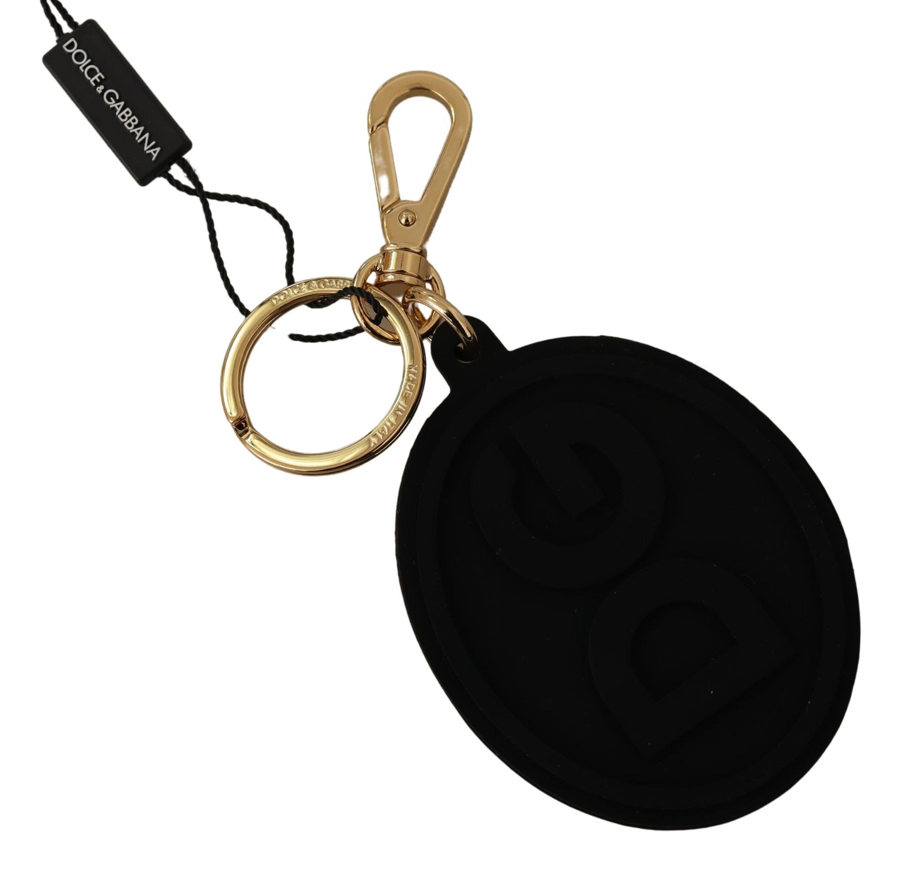 Dolce & Gabbana Black Rubber DG Logo Gold Brass Metal Keyring Keychain | Regal Royce