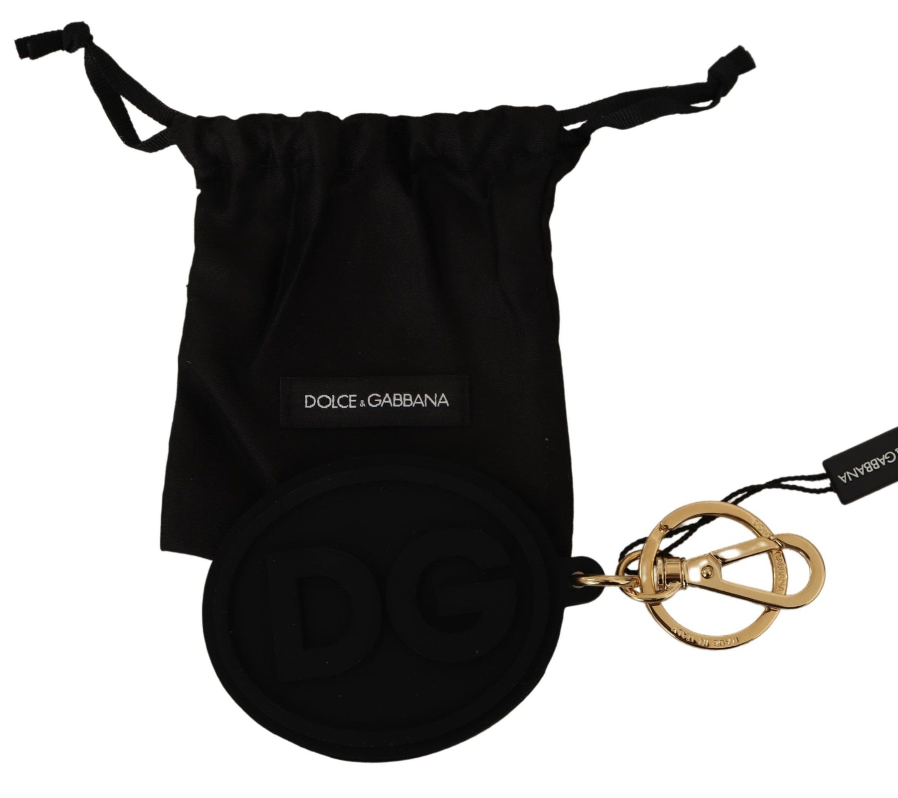 Dolce & Gabbana Black Rubber DG Logo Gold Brass Metal Keyring Keychain | Regal Royce
