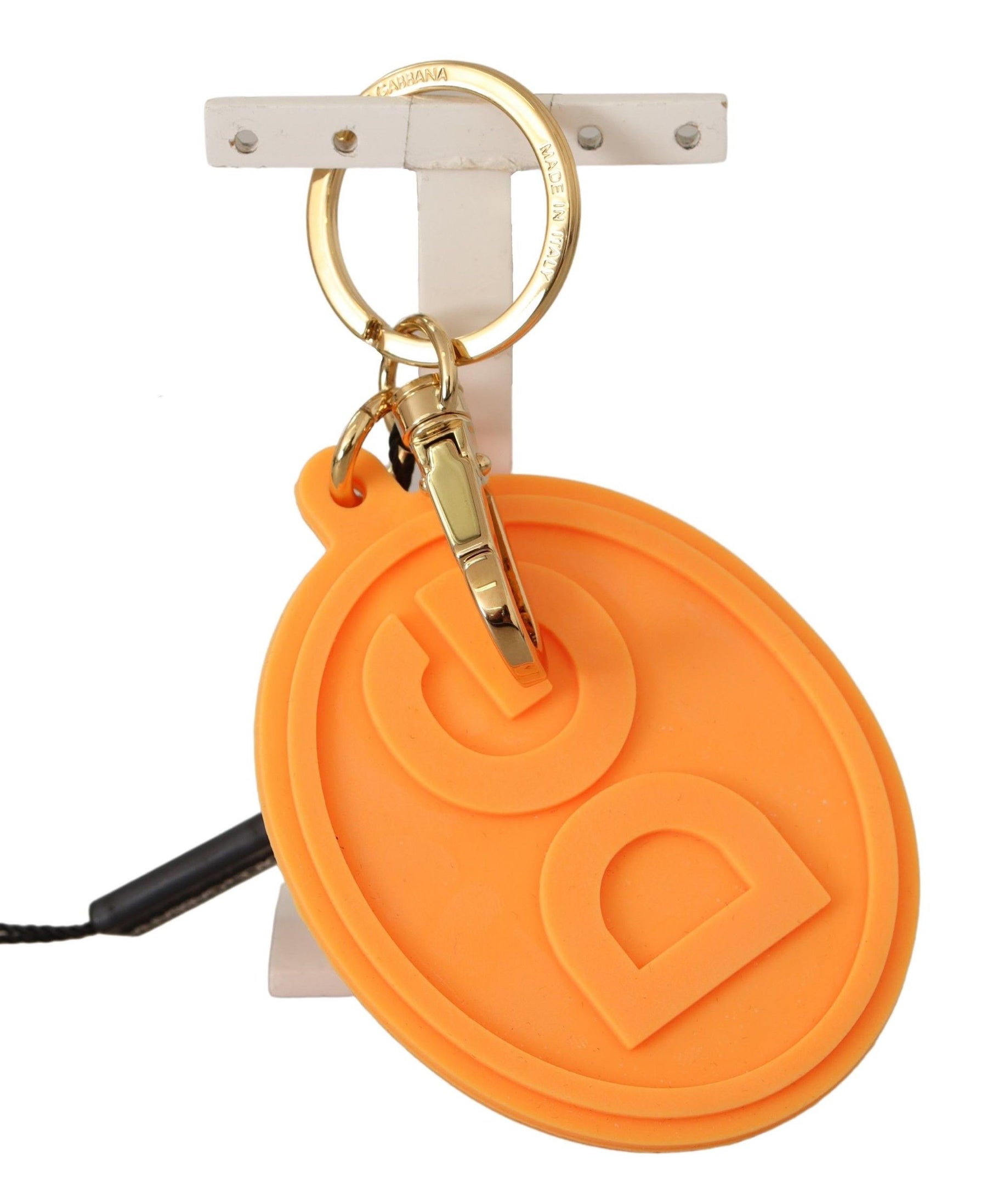 Dolce & Gabbana Orange Rubber DG Logo Gold Brass Metal Keychain | Regal Royce