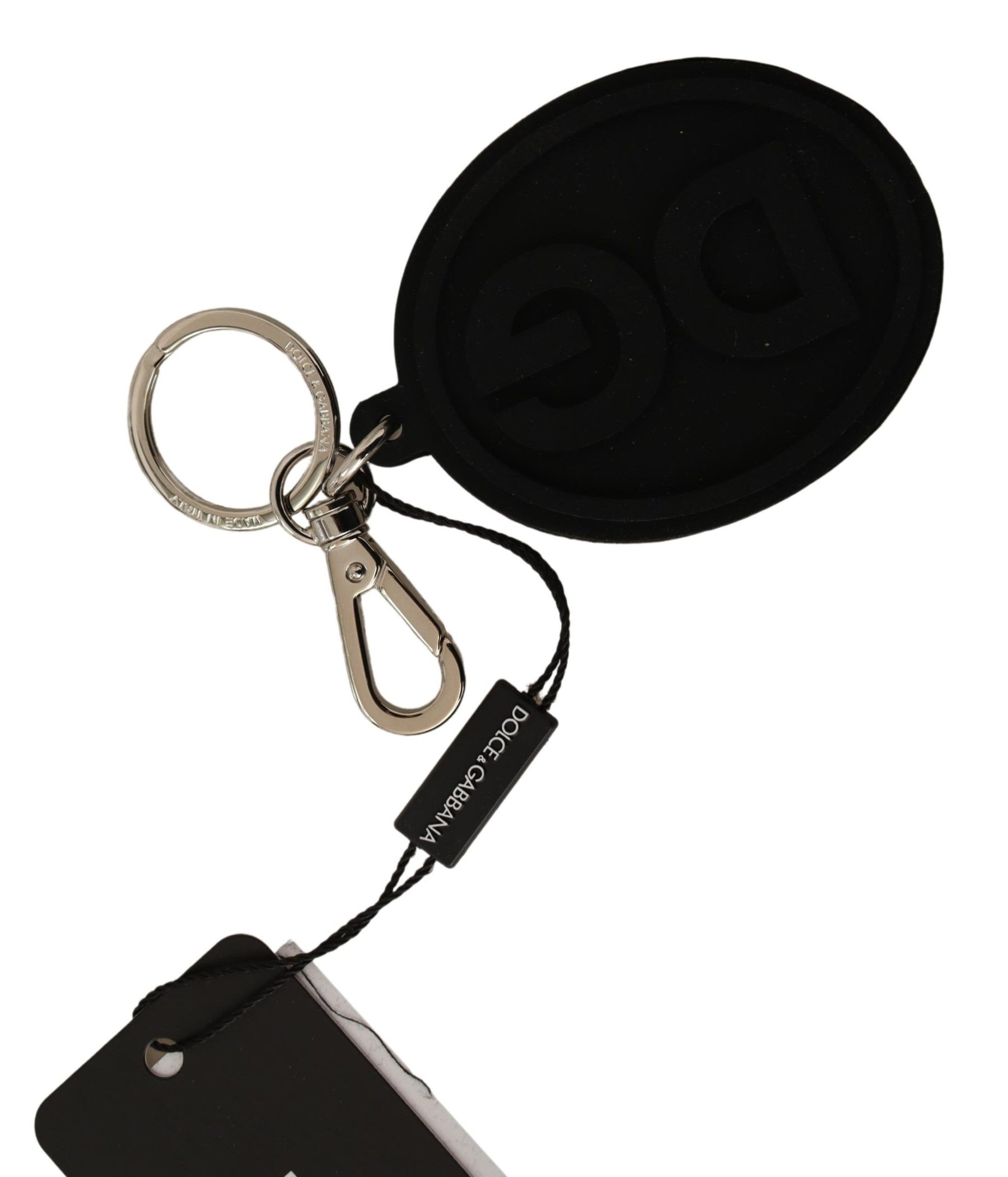 Dolce & Gabbana Black Rubber DG Logo Silver Brass Metal Keychain | Regal Royce