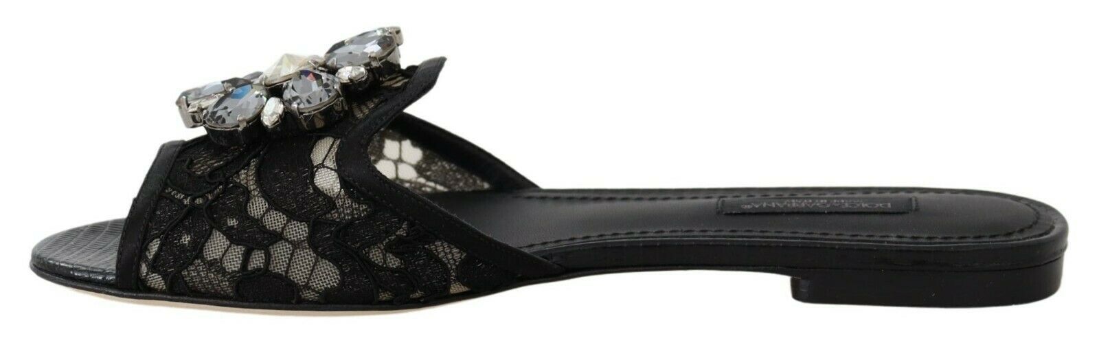 Dolce & Gabbana Black Taormina Lace Slides Crystals Flats Shoes | Regal Royce