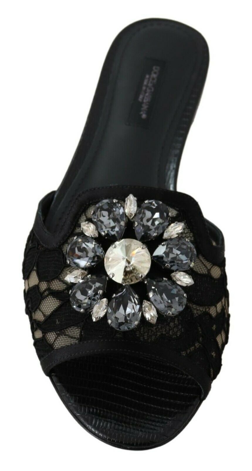 Dolce & Gabbana Black Taormina Lace Slides Crystals Flats Shoes | Regal Royce