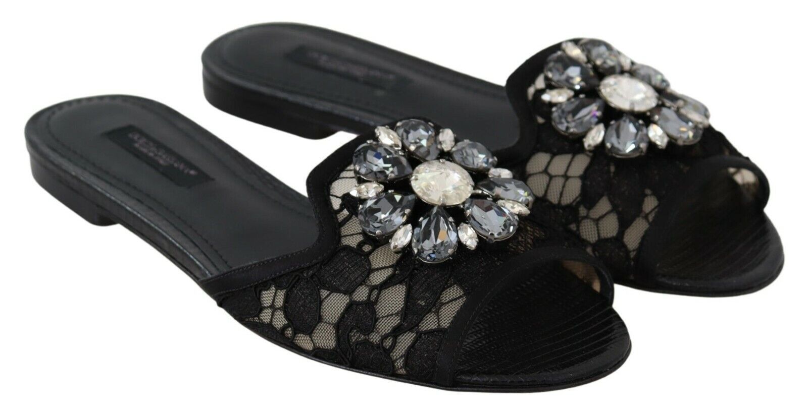 Dolce & Gabbana Black Taormina Lace Slides Crystals Flats Shoes | Regal Royce