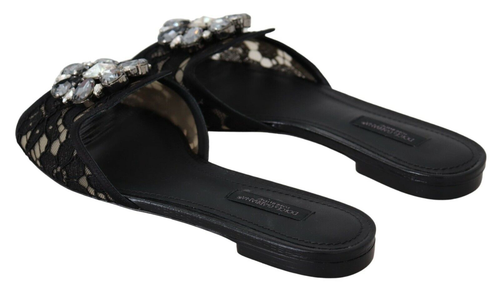 Dolce & Gabbana Black Taormina Lace Slides Crystals Flats Shoes | Regal Royce