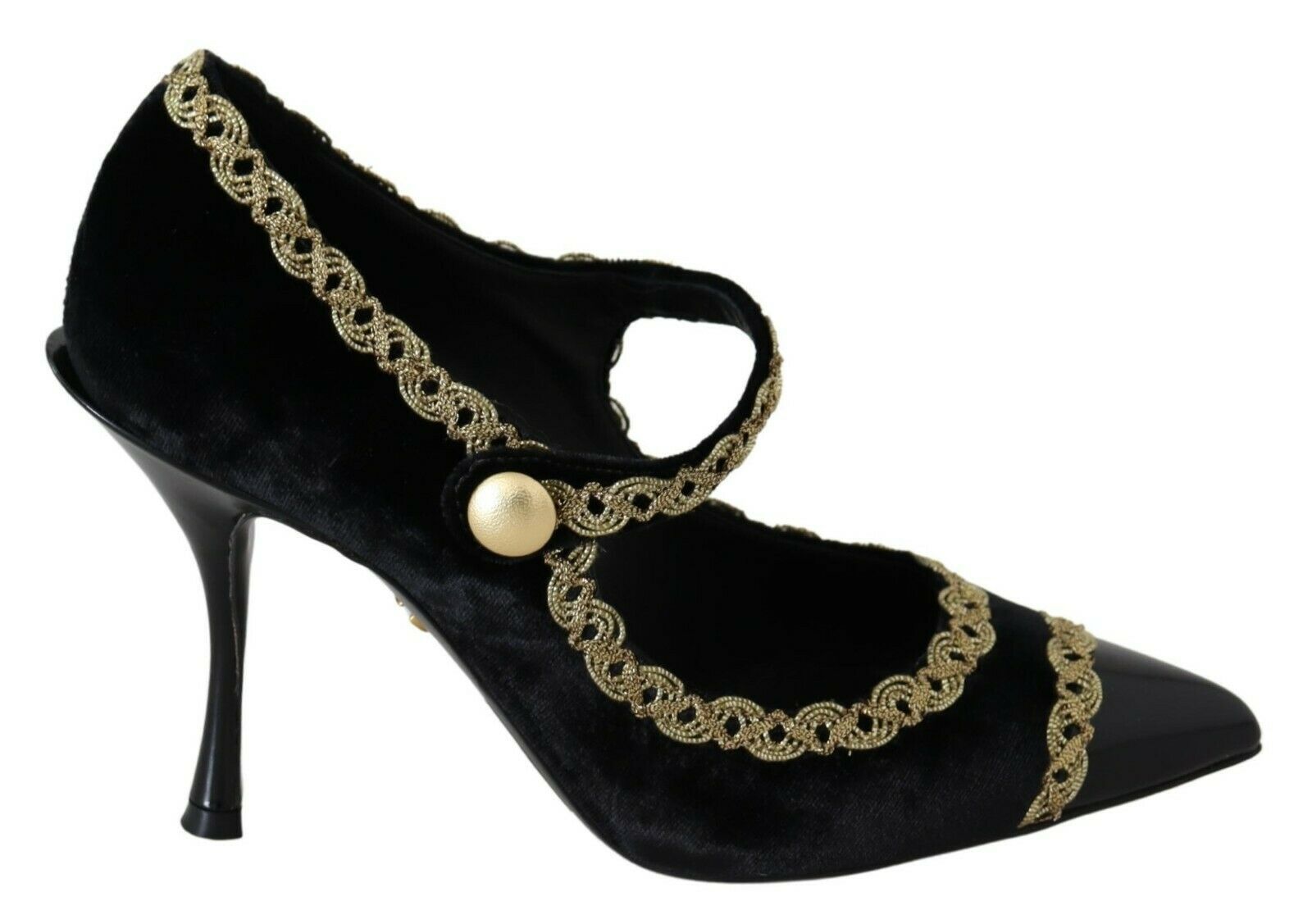 Dolce & Gabbana Black Embellished Velvet Mary Jane Pumps Shoes | Regal Royce