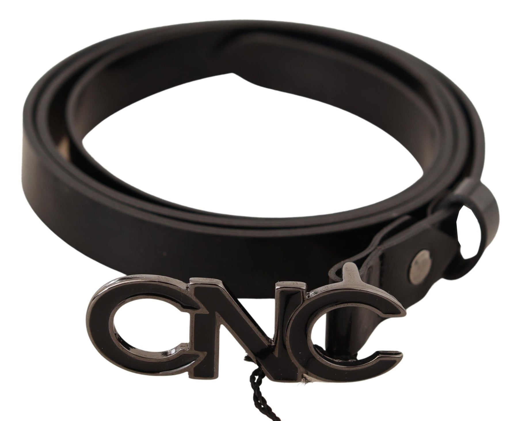 Costume National Black Leather Letter Logo Buckle Belt | Regal Royce