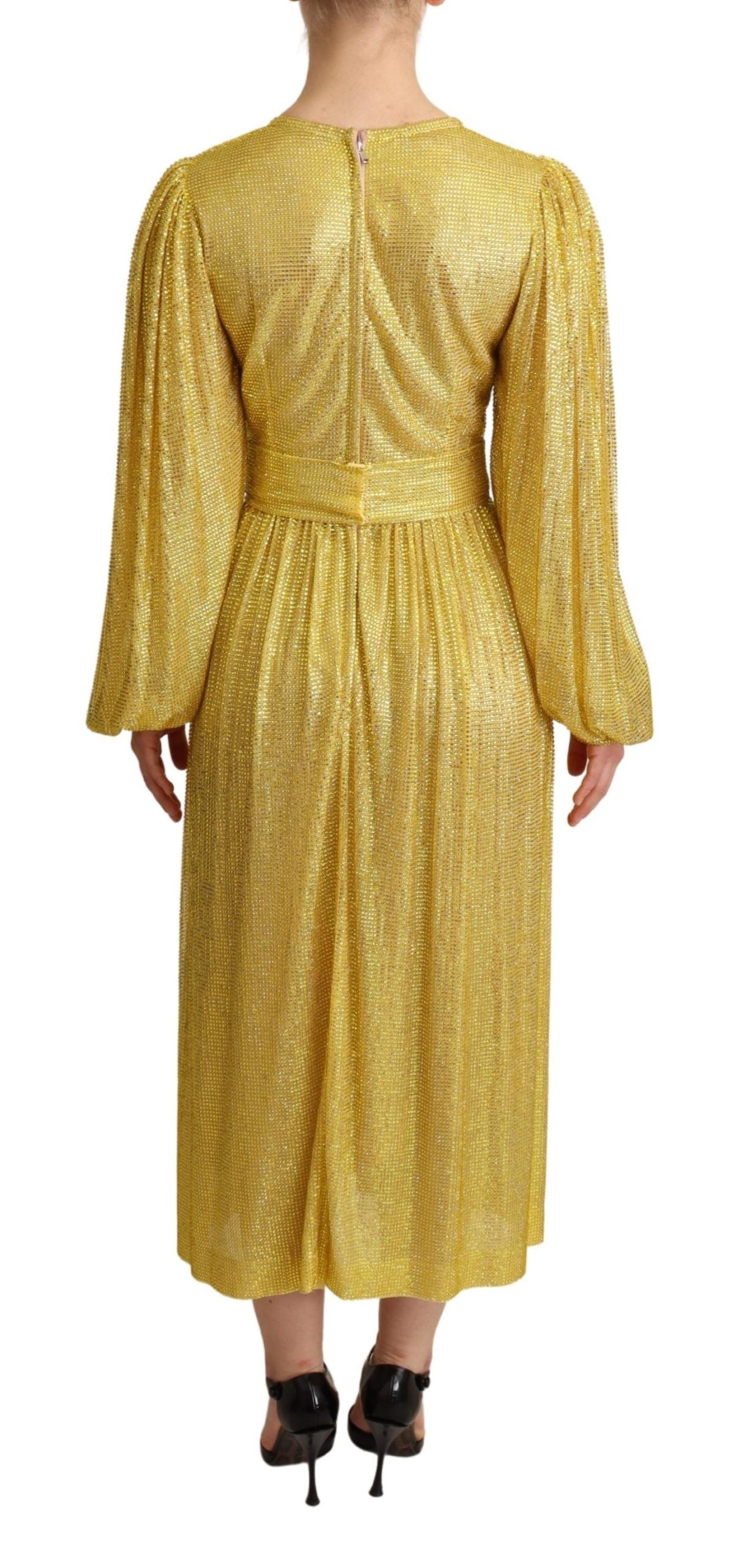 Dolce & Gabbana Yellow Crystal Mesh Pleated Maxi Dress | Regal Royce