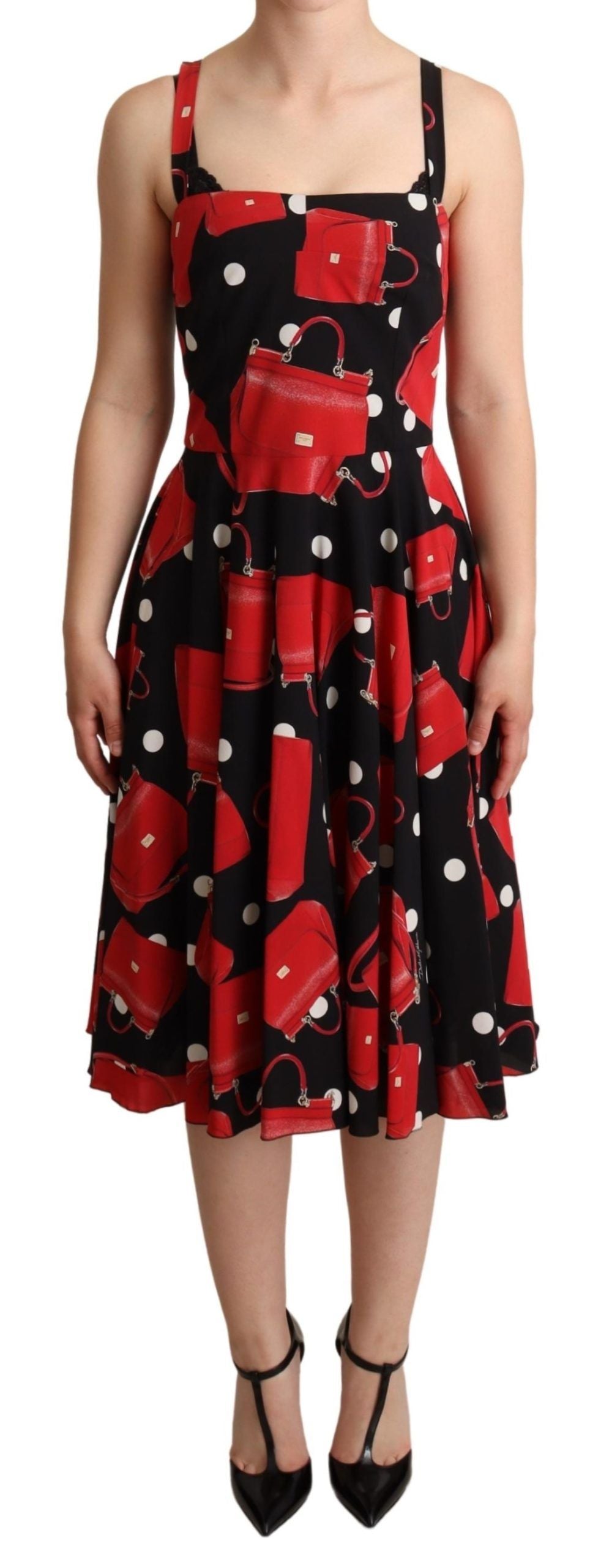 Dolce & Gabbana Black Red Bag Print A-line Mid Length Dress | Regal Royce