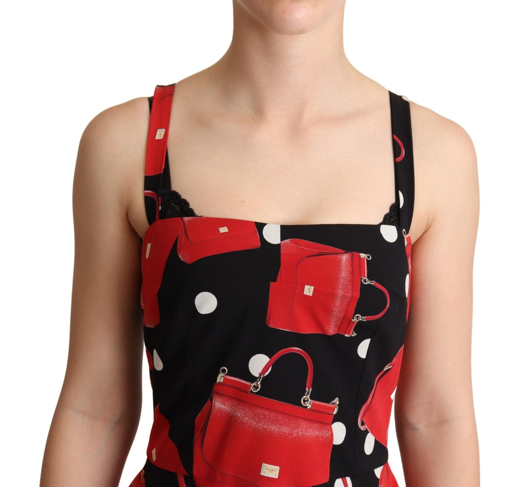 Dolce & Gabbana Black Red Bag Print A-line Mid Length Dress | Regal Royce