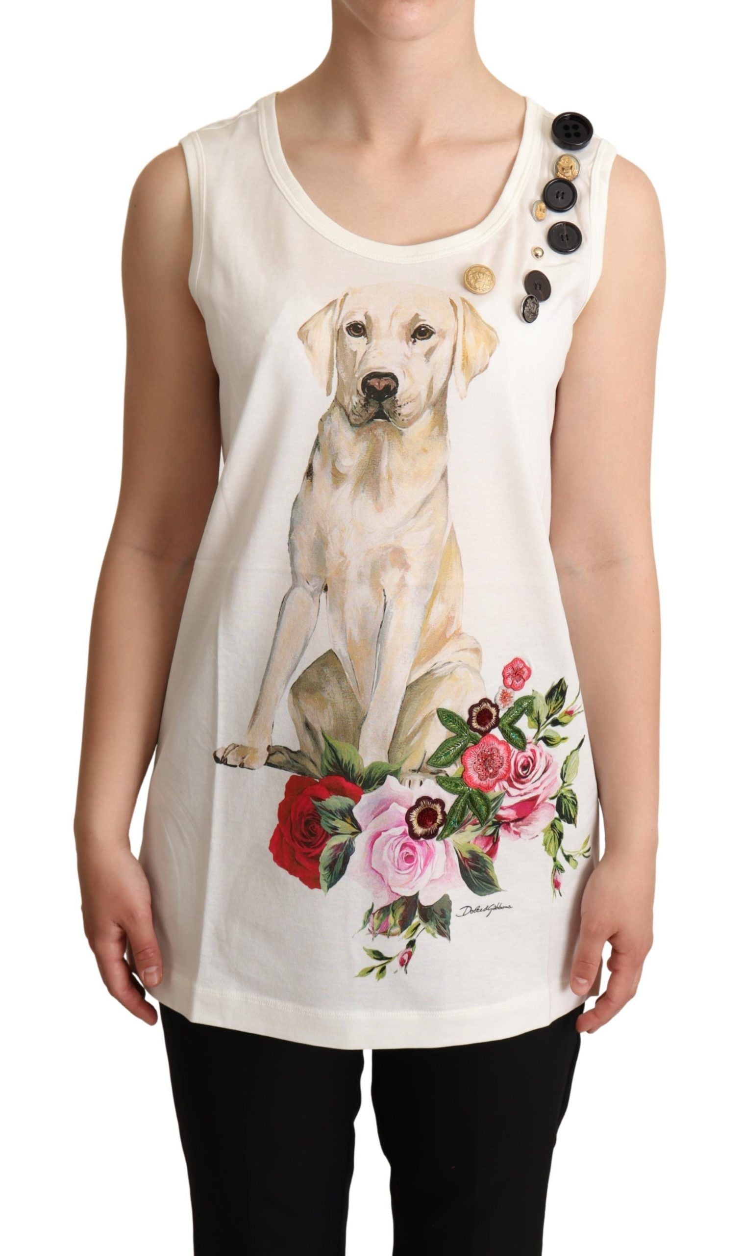 Dolce & Gabbana White Dog Floral Print Embellished  T-shirt | Regal Royce