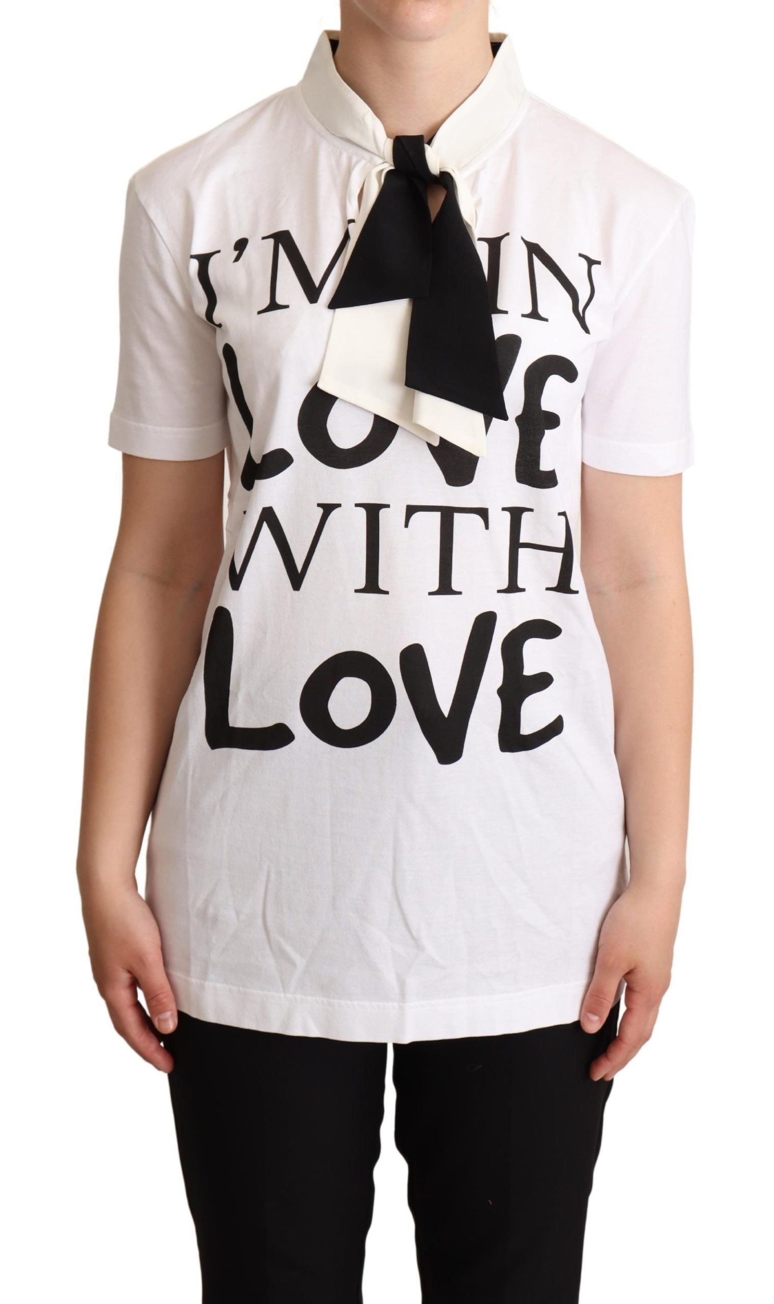 Dolce & Gabbana White Cotton Silk Blend Ascot Collar T-shirt | Regal Royce