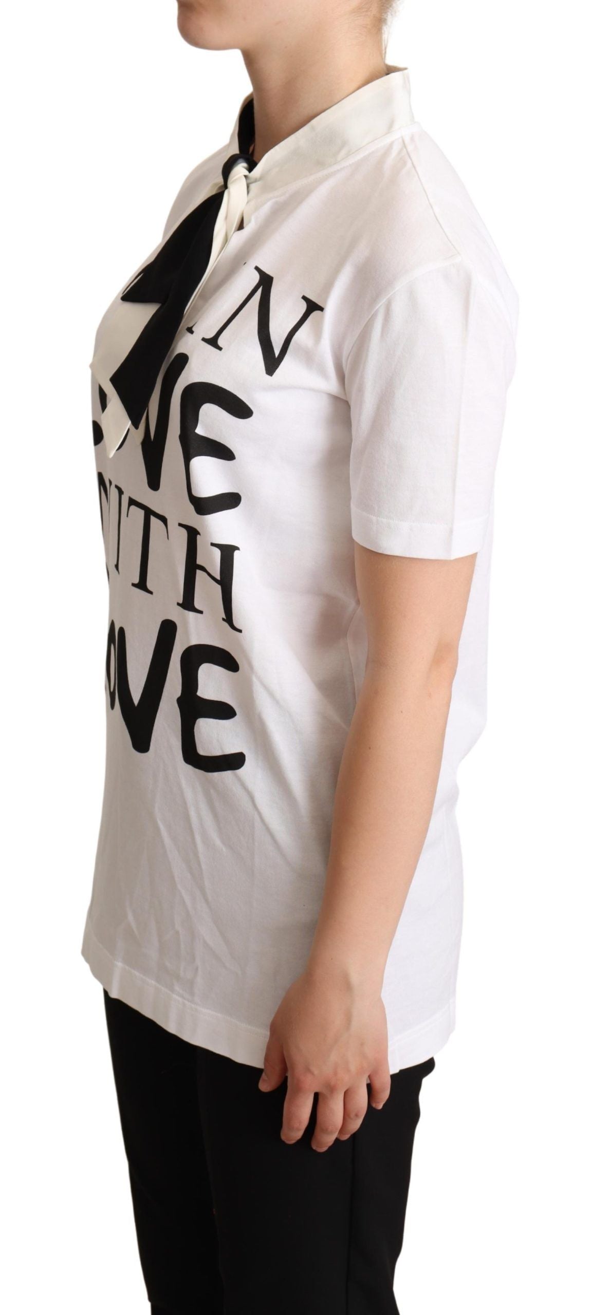 Dolce & Gabbana White Cotton Silk Blend Ascot Collar T-shirt | Regal Royce