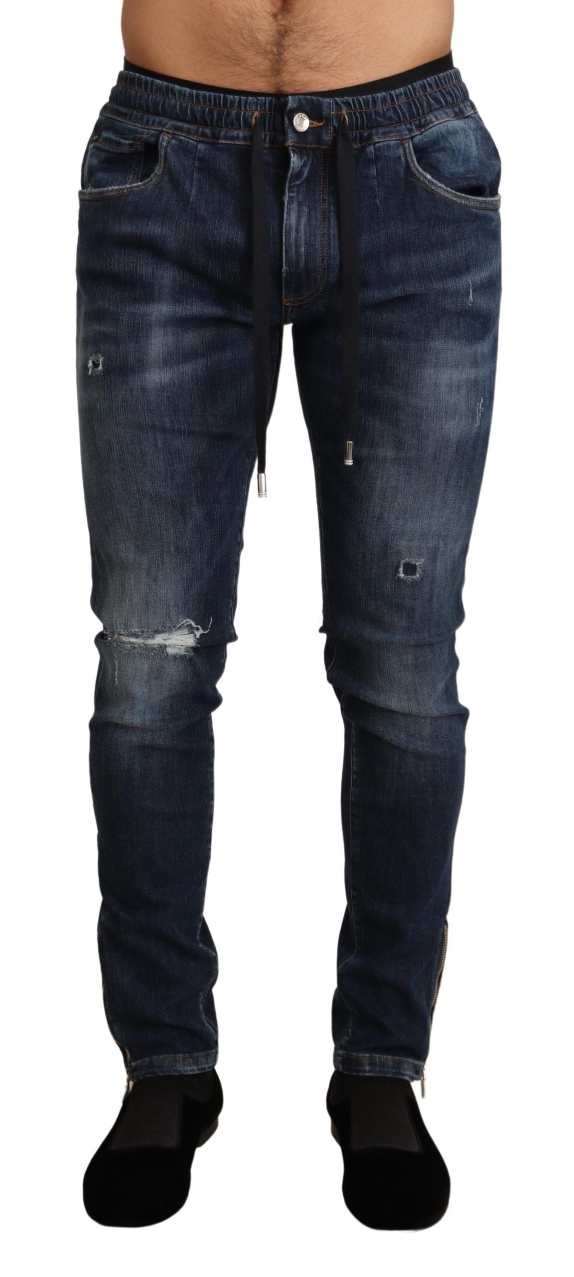 Dolce & Gabbana Blue Cotton Stretch Tattered Denim Jeans | Regal Royce