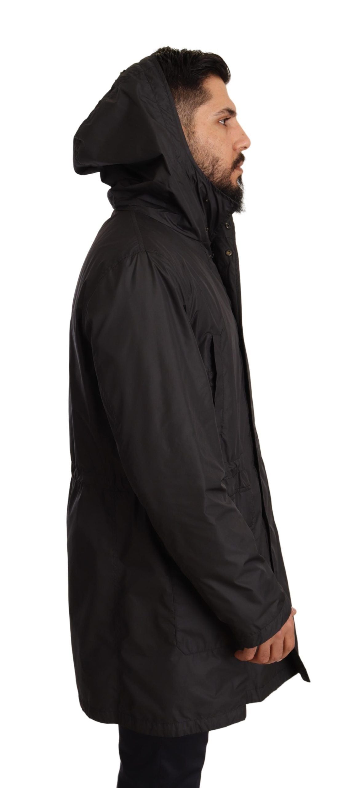 Dolce & Gabbana Black Hooded Mens Trench Coat Jacket | Regal Royce