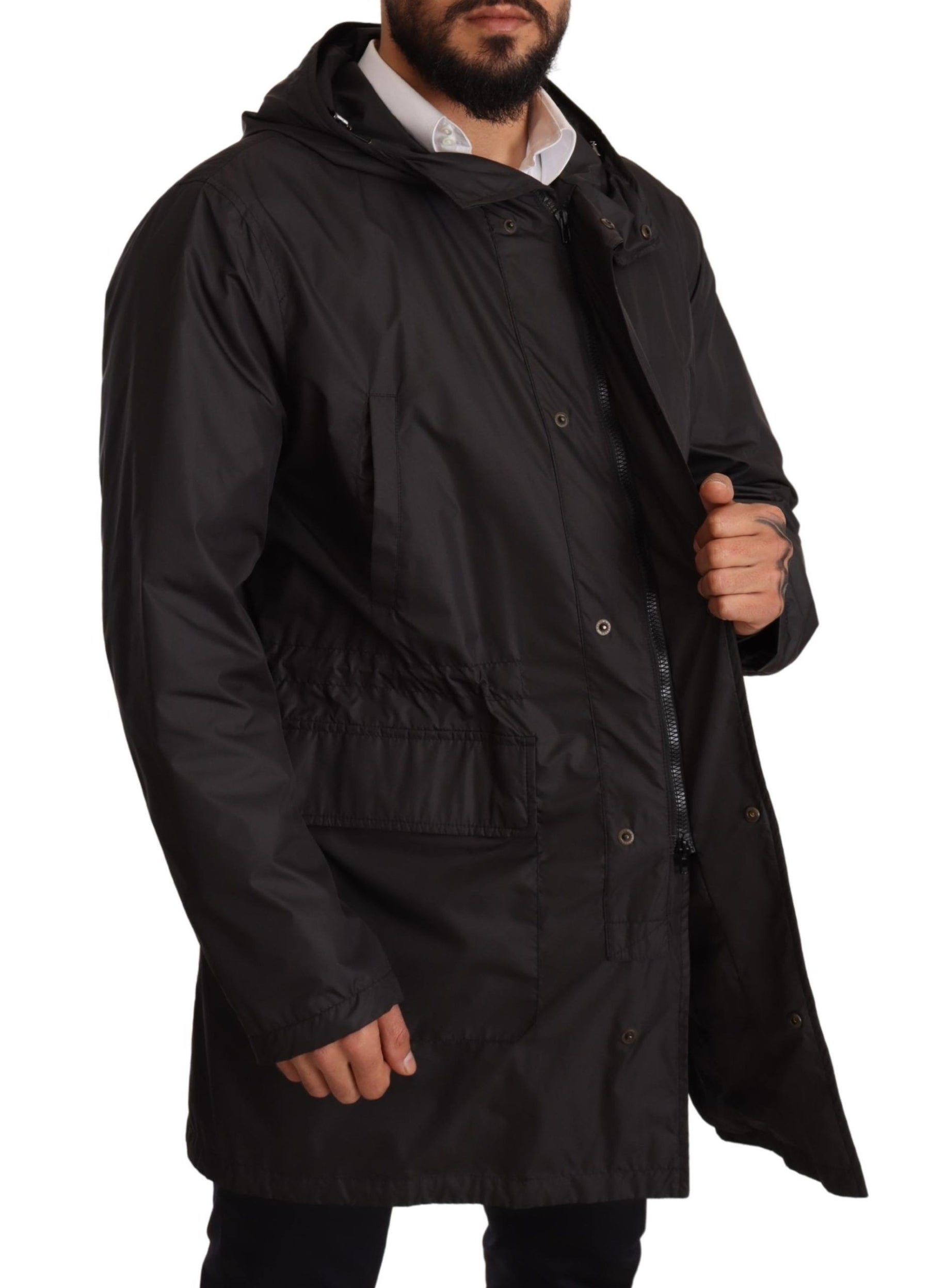 Dolce & Gabbana Black Hooded Mens Trench Coat Jacket | Regal Royce