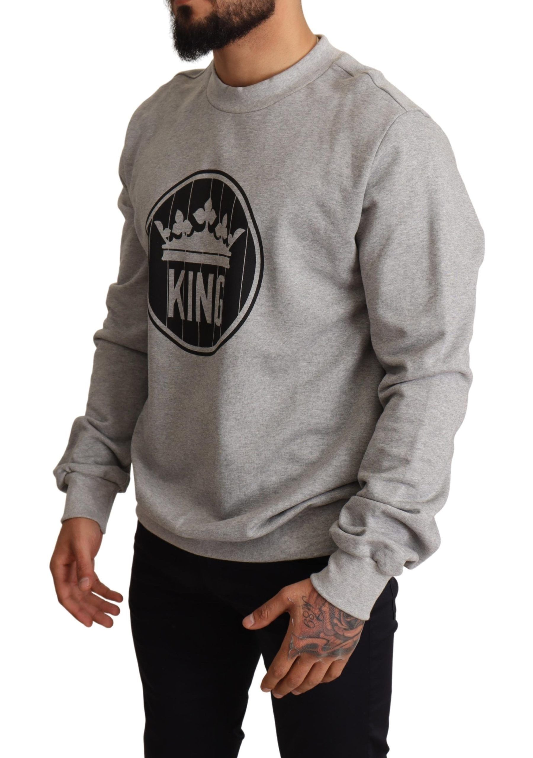 Dolce & Gabbana Gray Crown King Print Cotton Sweater | Regal Royce
