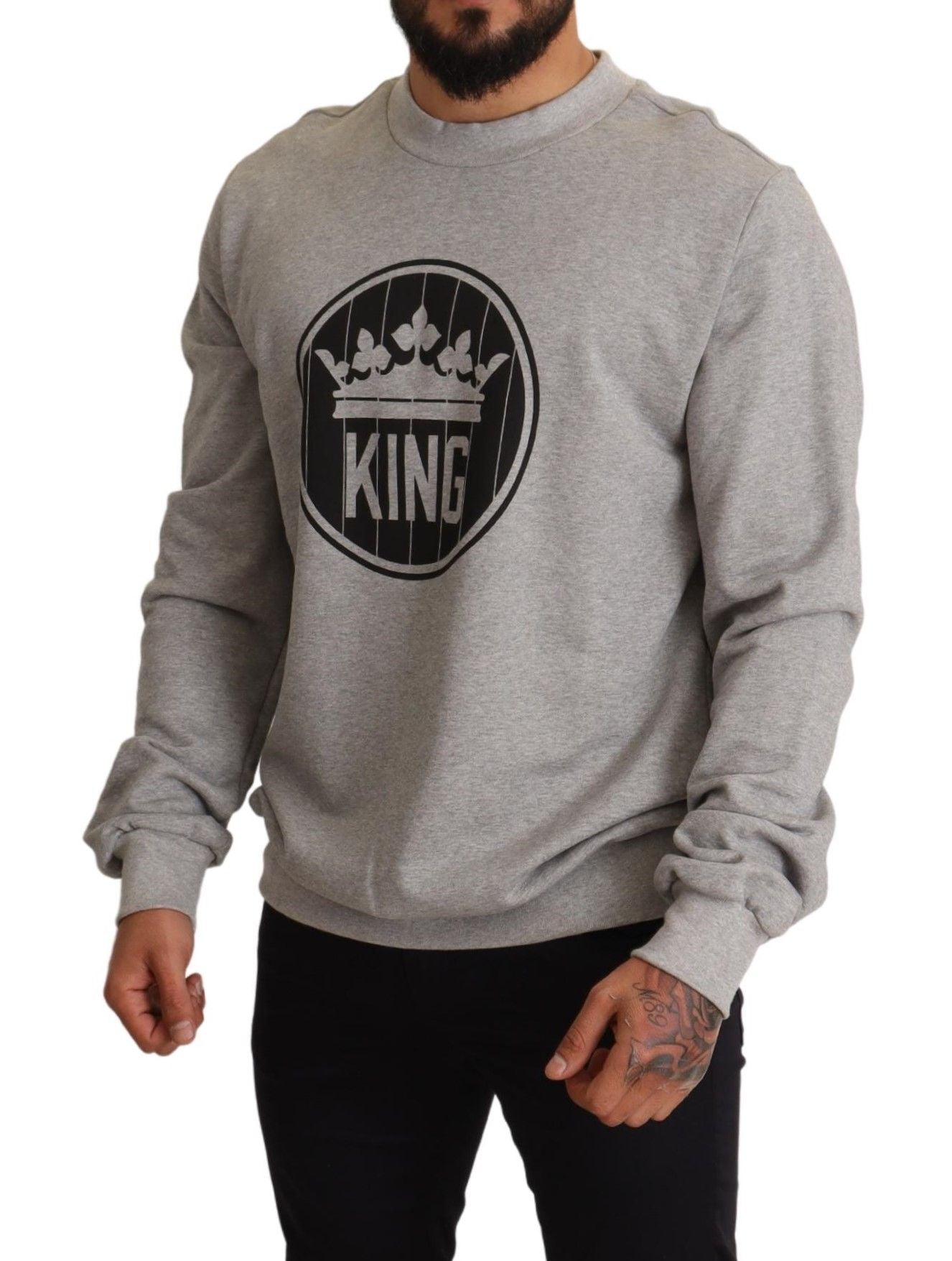 Dolce & Gabbana Gray Crown King Print Cotton Sweater | Regal Royce