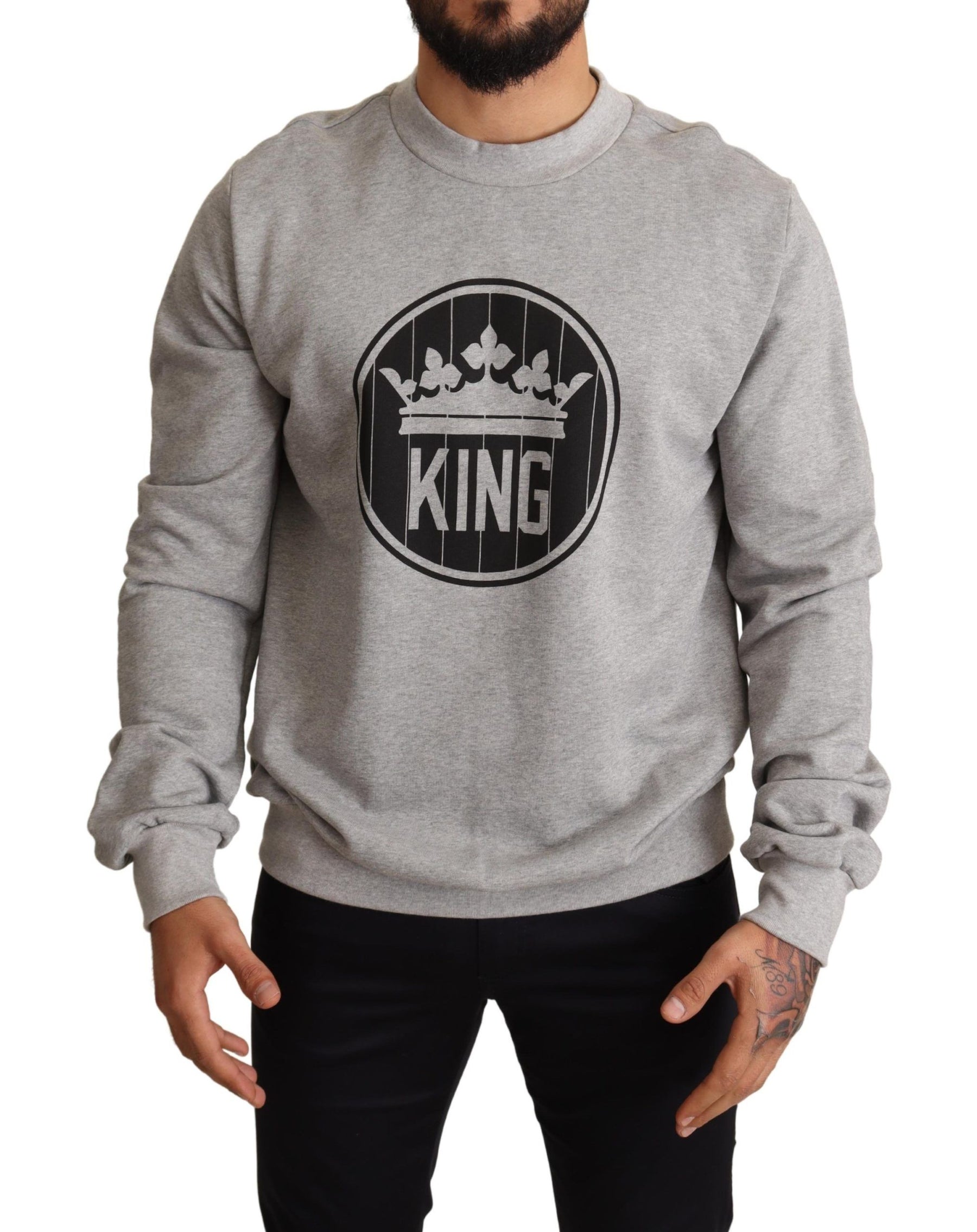 Dolce & Gabbana Gray Crown King Print Cotton Sweater | Regal Royce