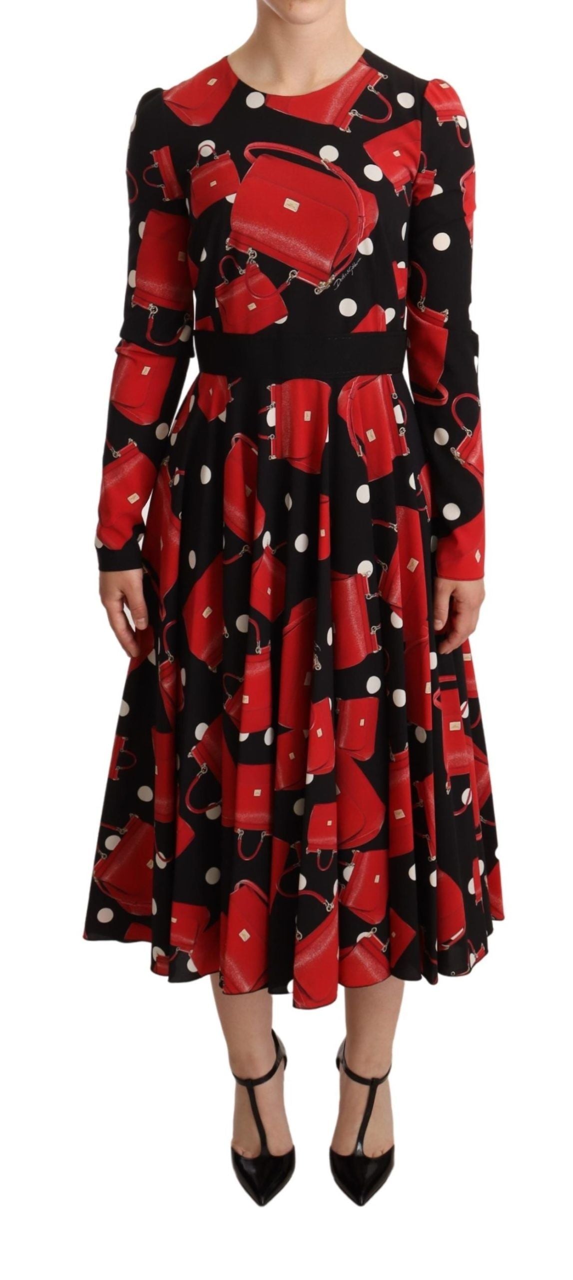 Dolce & Gabbana Black Sicily Bag Print Flared Midi Dress | Regal Royce