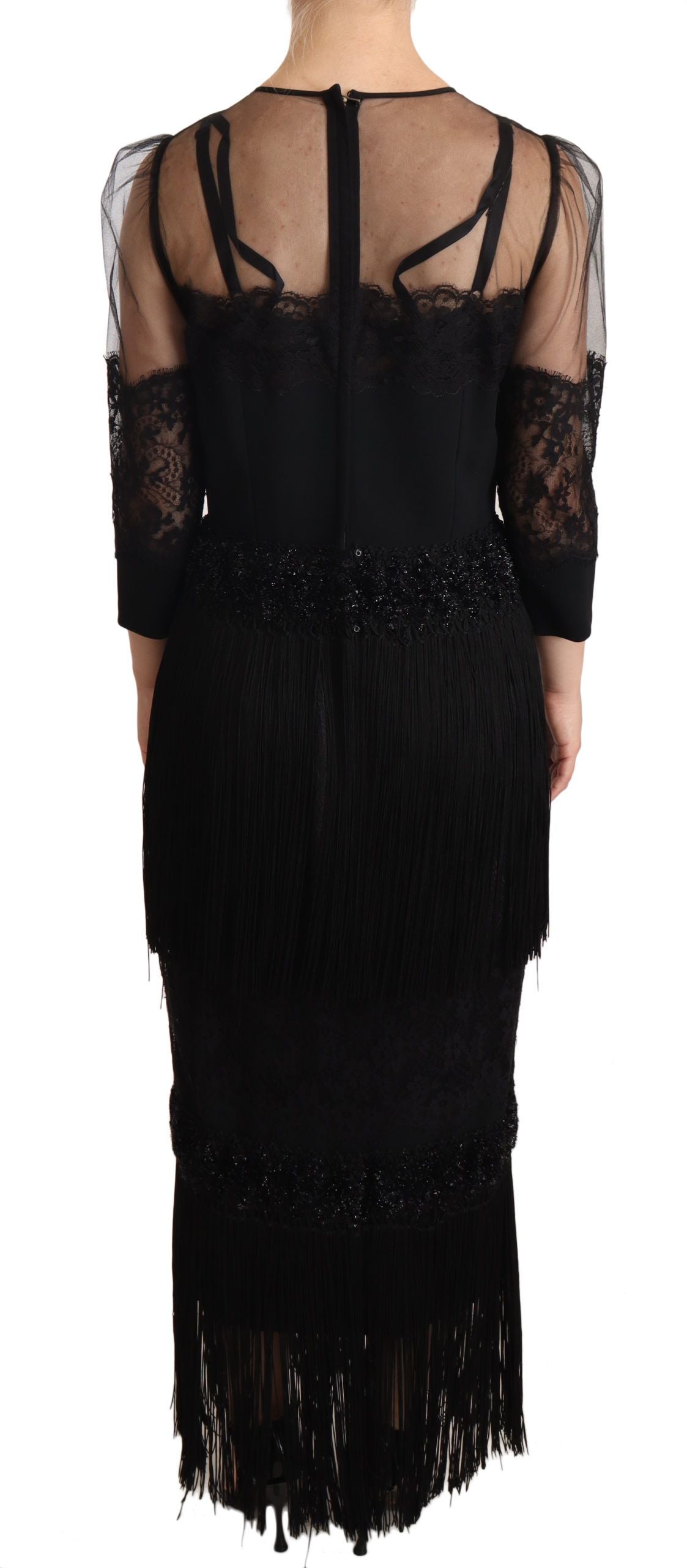 Dolce & Gabbana Black Sheer Floral Lace Crystal Maxi Dress | Regal Royce