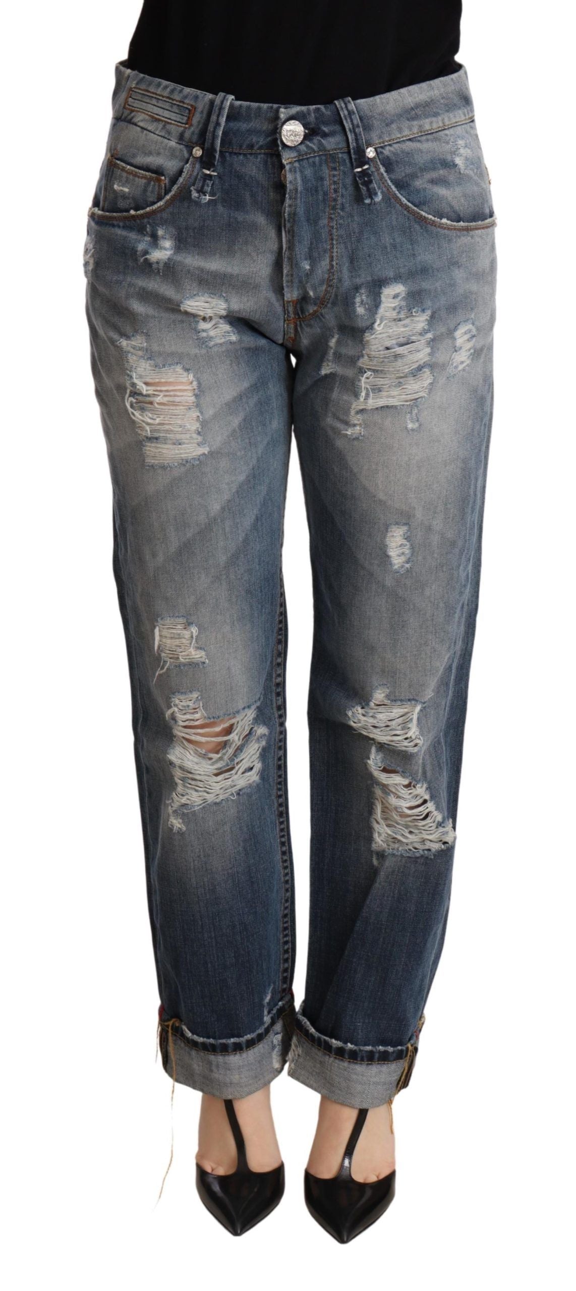 Acht Blue Tattered Mid Waist Straight Denim Trouser | Regal Royce