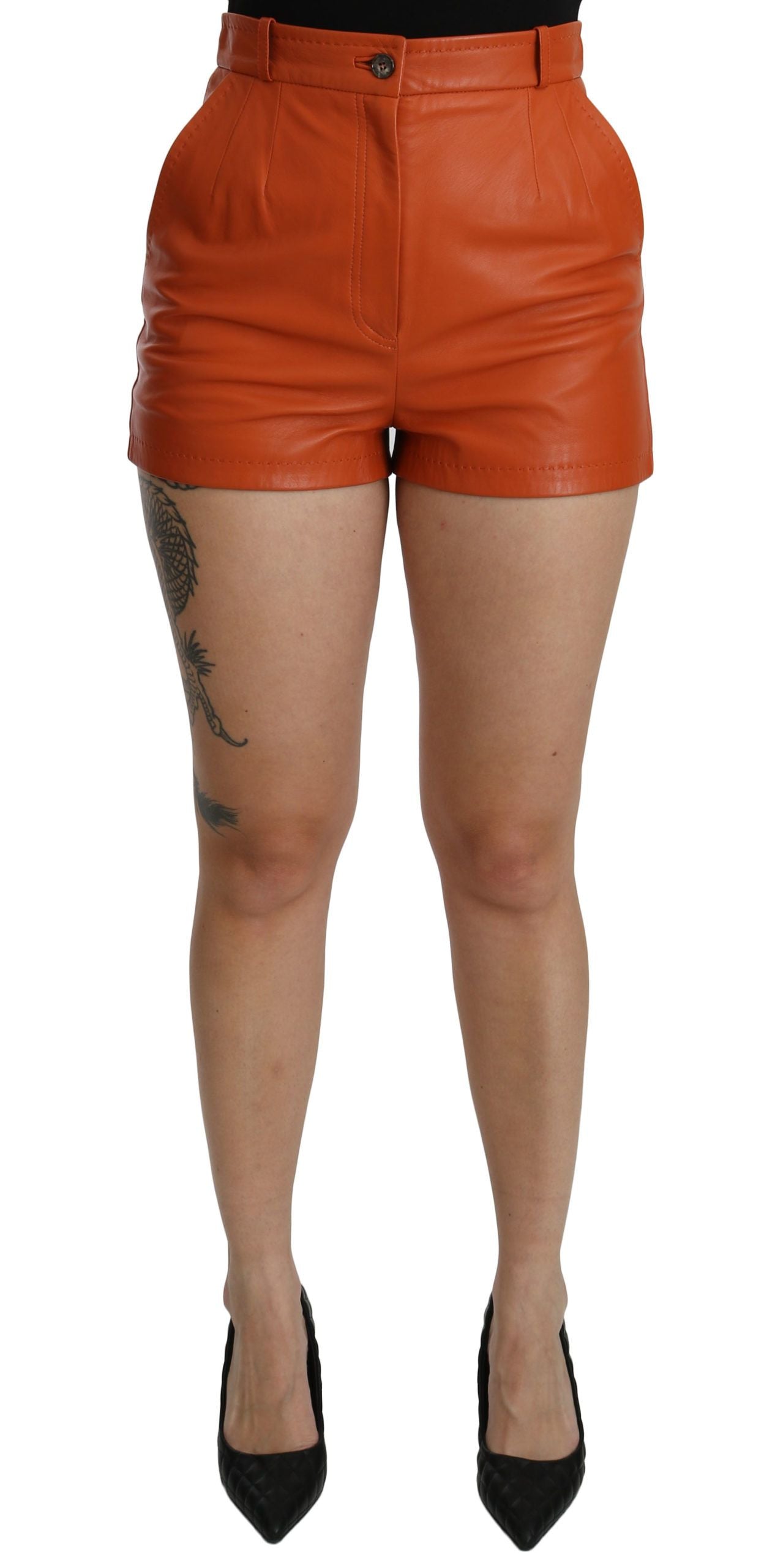 Dolce & Gabbana Orange Leather High Waist Hot Pants Shorts | Regal Royce