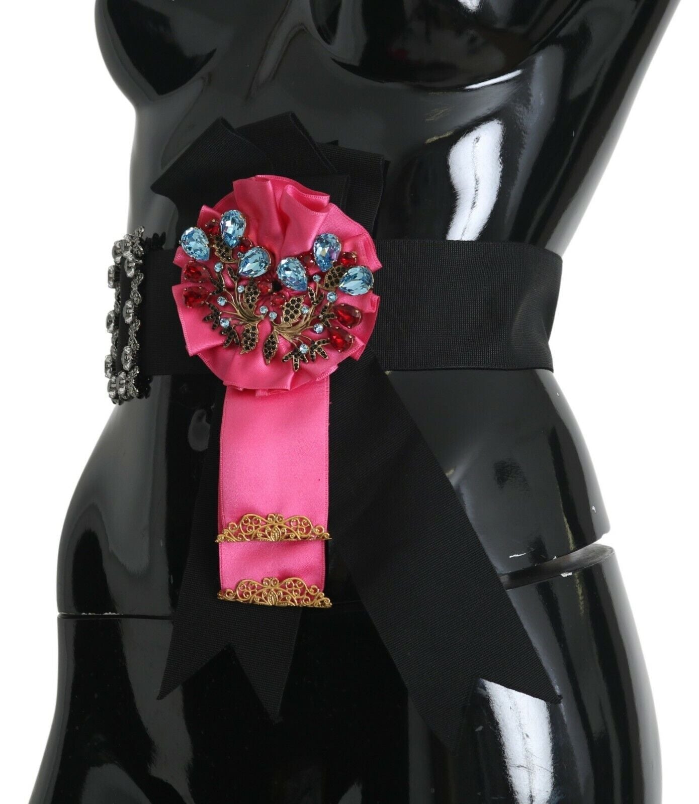 Dolce & Gabbana Black Pink Flower Brooch Crystals Cotton Belt | Regal Royce