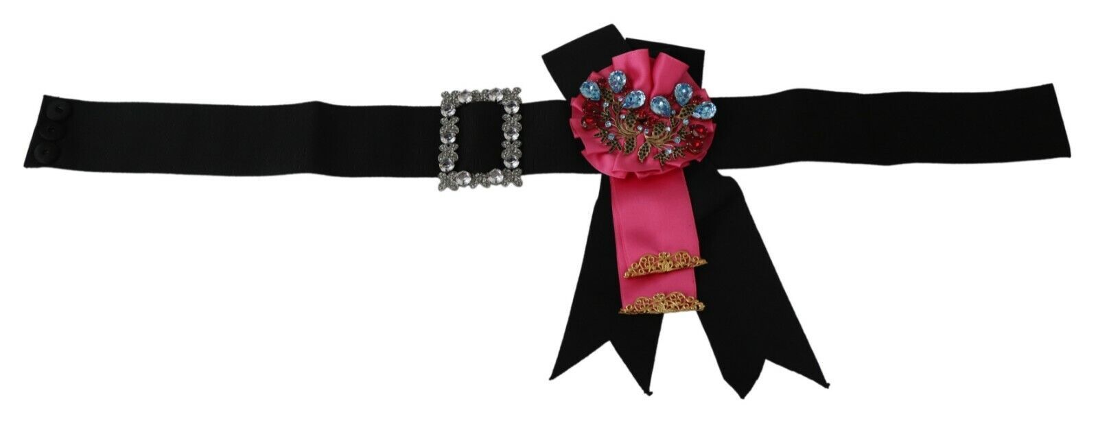 Dolce & Gabbana Black Pink Flower Brooch Crystals Cotton Belt | Regal Royce