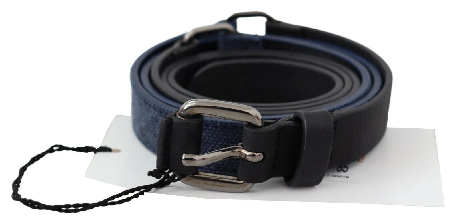 Costume National Black Blue Leather Silver Logo Belt | Regal Royce