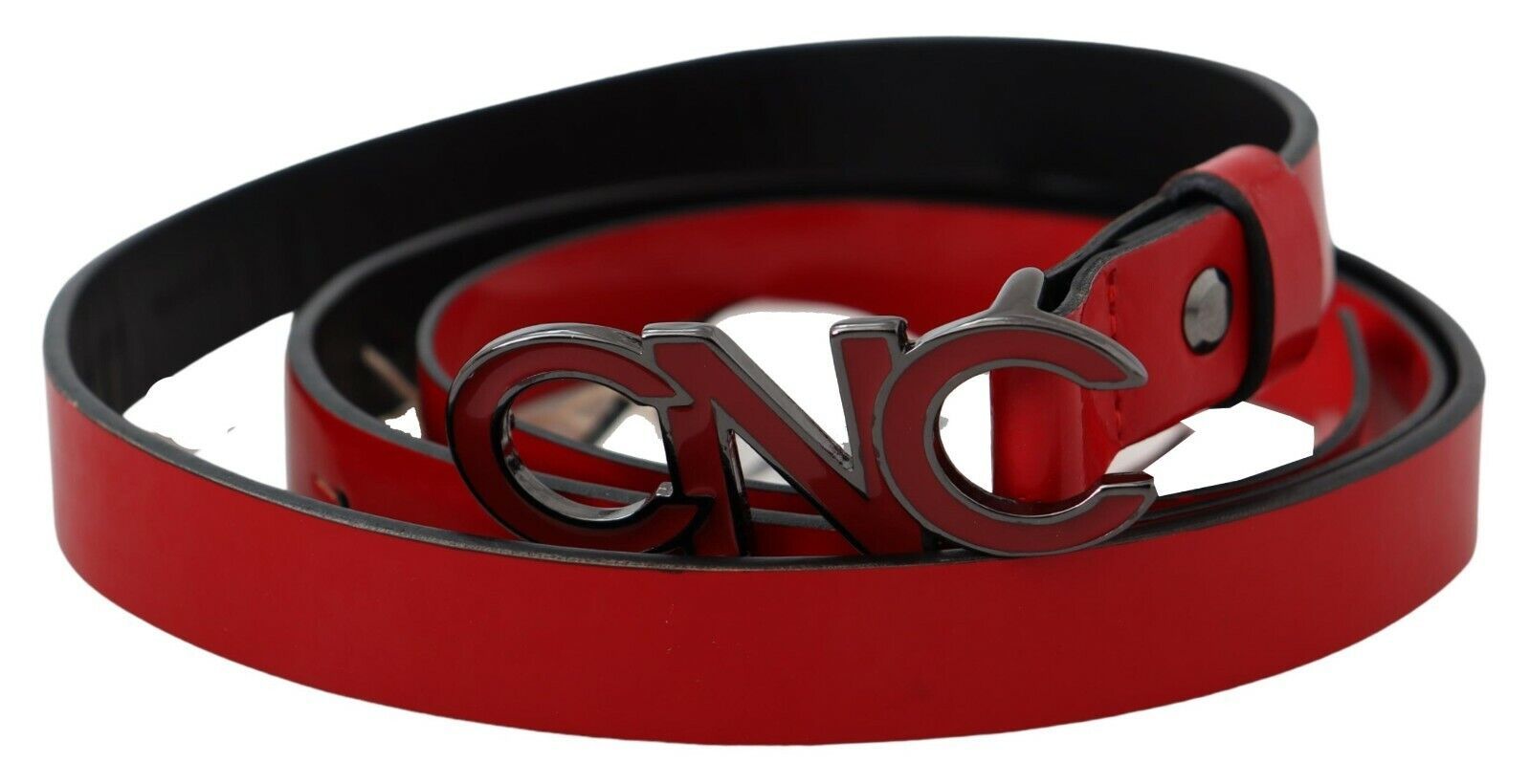 Costume National Red Black Reversible Leather Logo Buckle Belt | Regal Royce