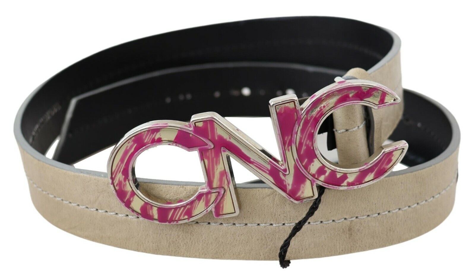Costume National Beige Leather Pink Letter Logo Buckle Belt | Regal Royce