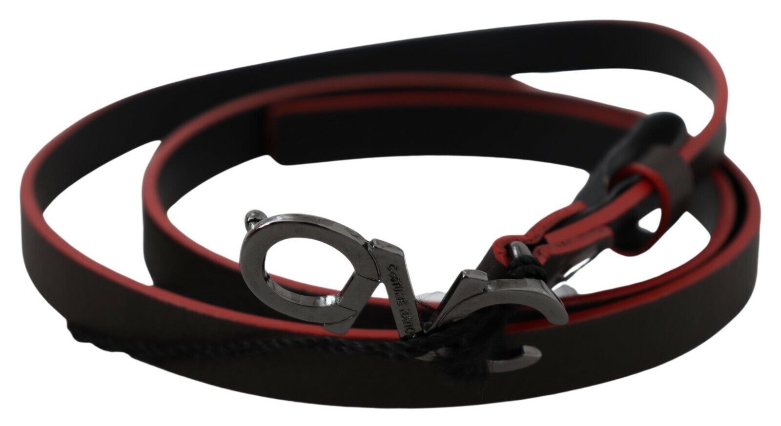 Costume National Black Maroon Skinny Leather Buckle Waist Belt | Regal Royce