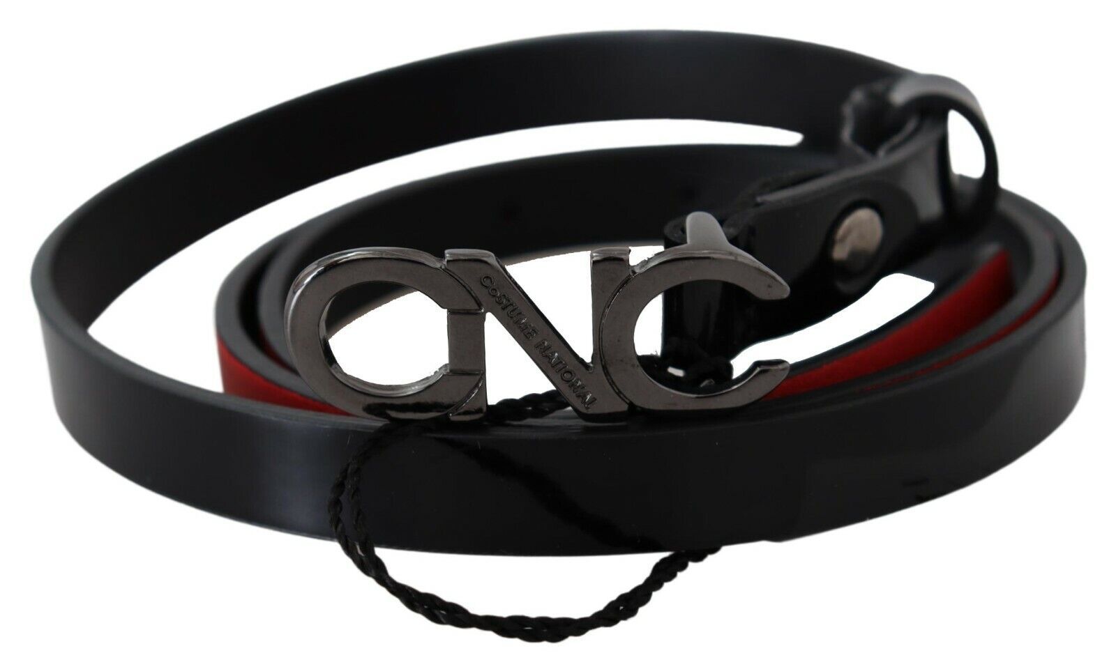 Costume National Black Skinny Leather Logo Buckle Belt | Regal Royce