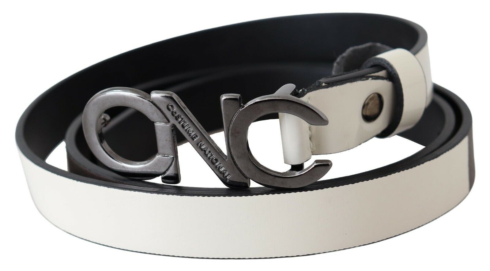 Costume National Belt Mettalic Gray Leather Logo Belt | Regal Royce