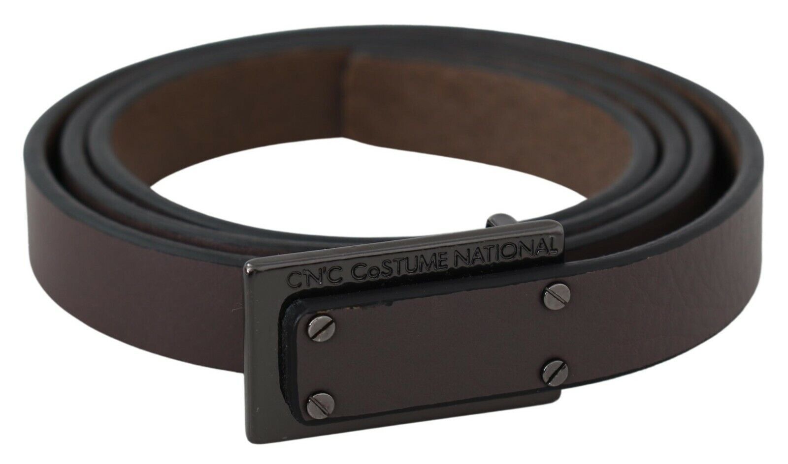 Costume National Brown Leather Tactical Logo Screw Buckle Belt | Regal Royce