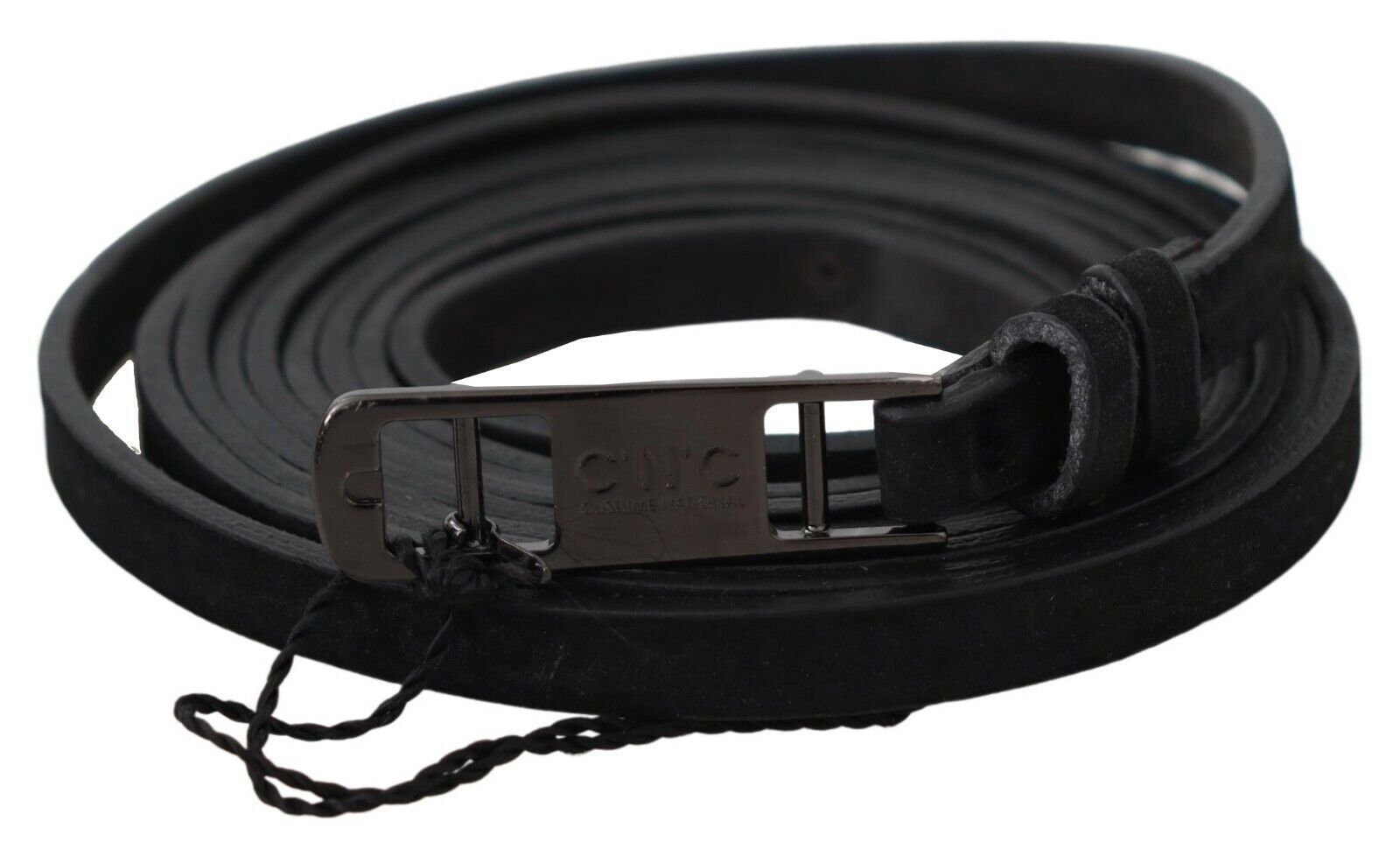 Costume National Black Leather Skinny Logo Buckle Belt | Regal Royce