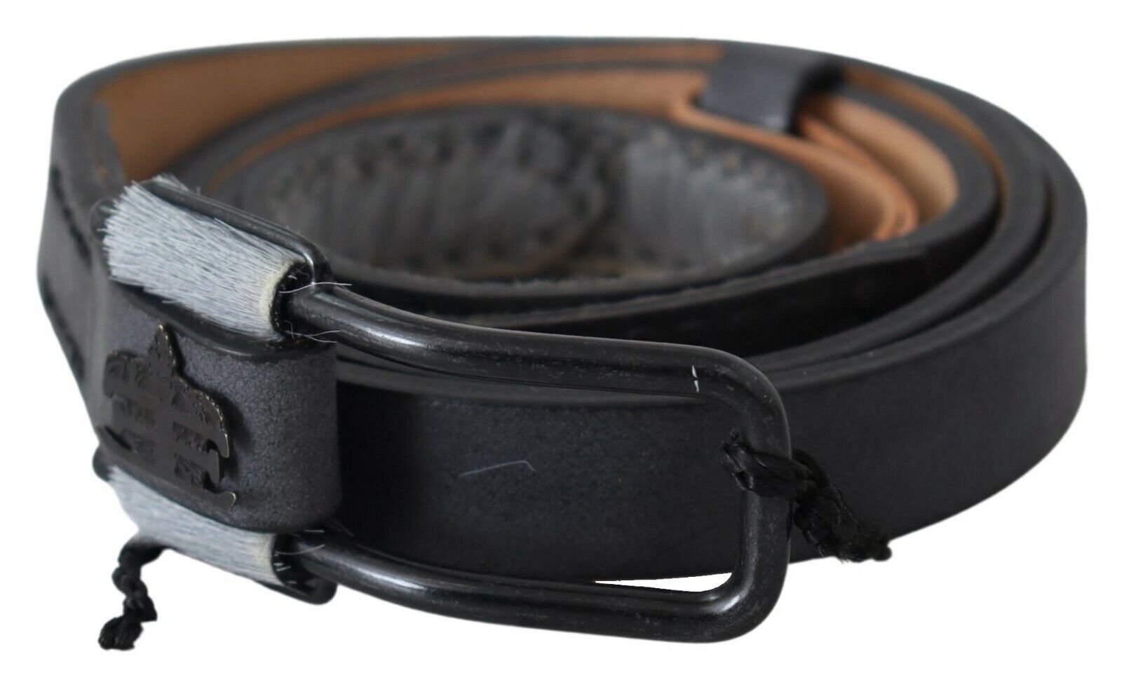 Ermanno Scervino Black Leather Fringes Logo Buckle Belt | Regal Royce
