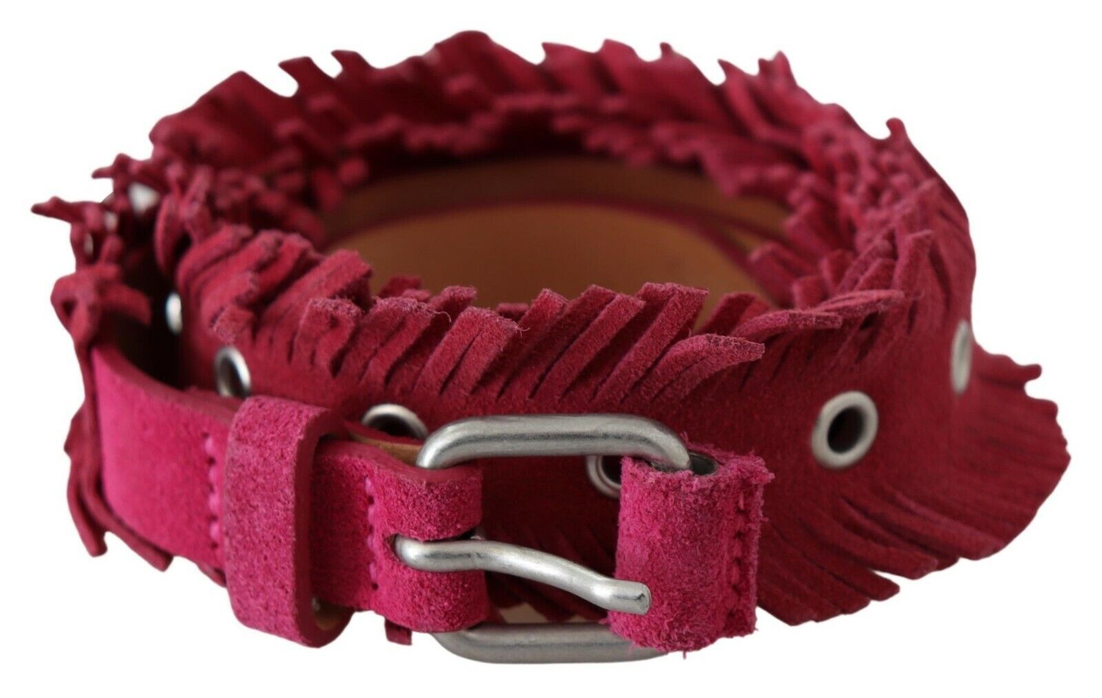 Ermanno Scervino Maroon Leather Fringes Silver Buckle Waist Belt | Regal Royce