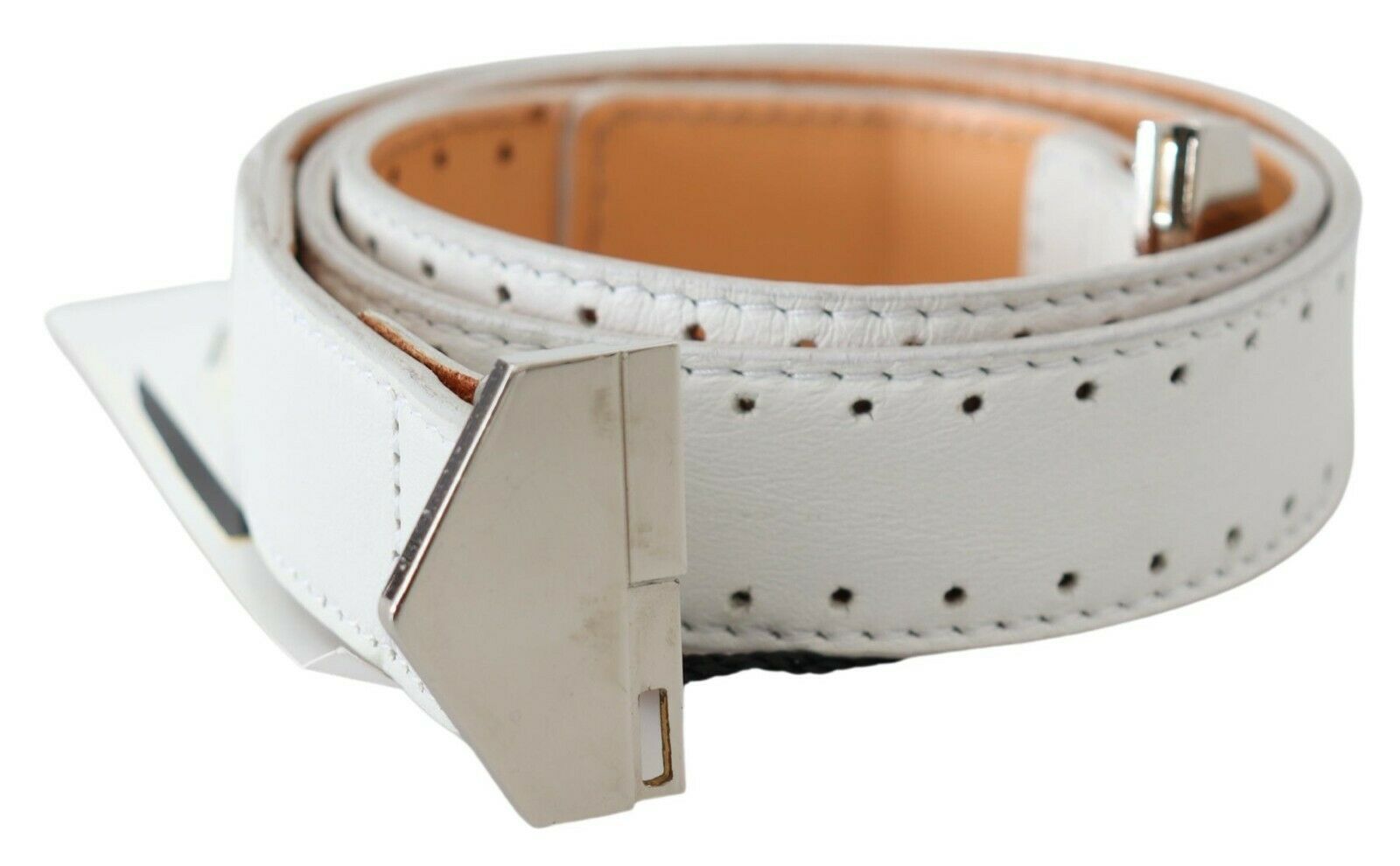 GF Ferre White Leather Hexagon Logo Buckle Waist Belt | Regal Royce