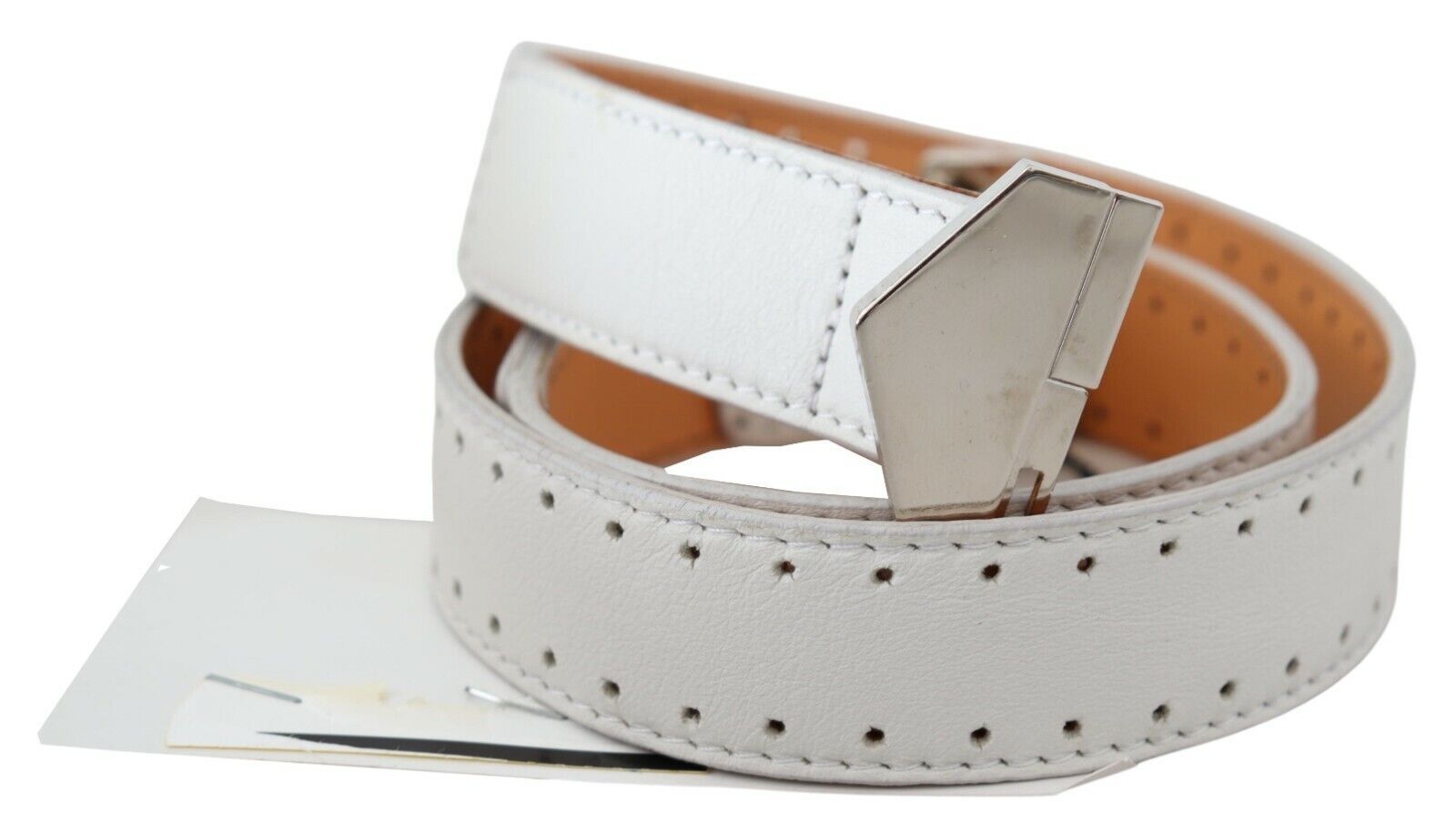 GF Ferre White Leather Hexagon Logo Buckle Waist Belt | Regal Royce