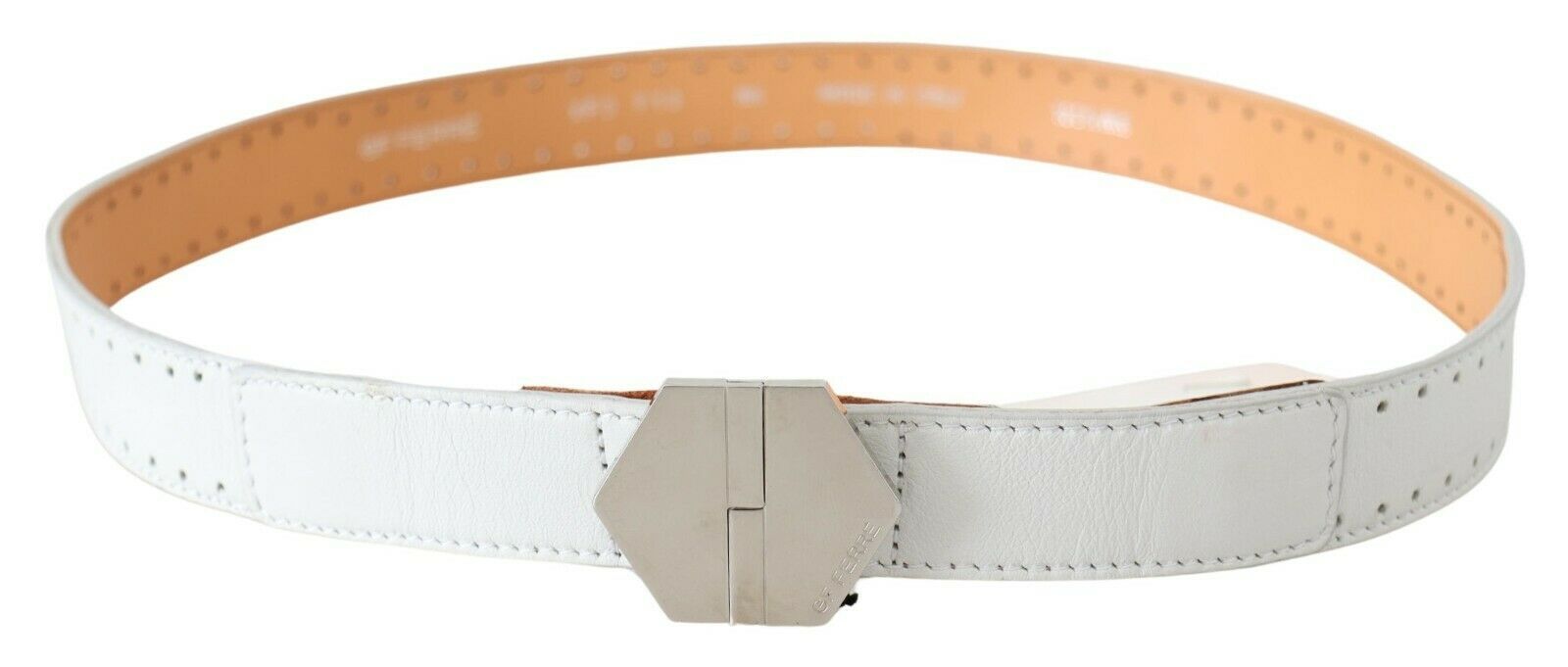 GF Ferre White Leather Hexagon Logo Buckle Waist Belt | Regal Royce