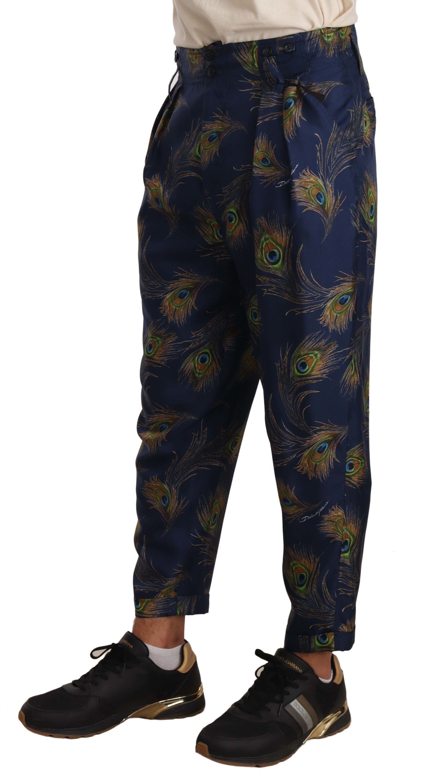 Dolce & Gabbana Blue Peacock Print Tapered Trousers Silk Pants | Regal Royce