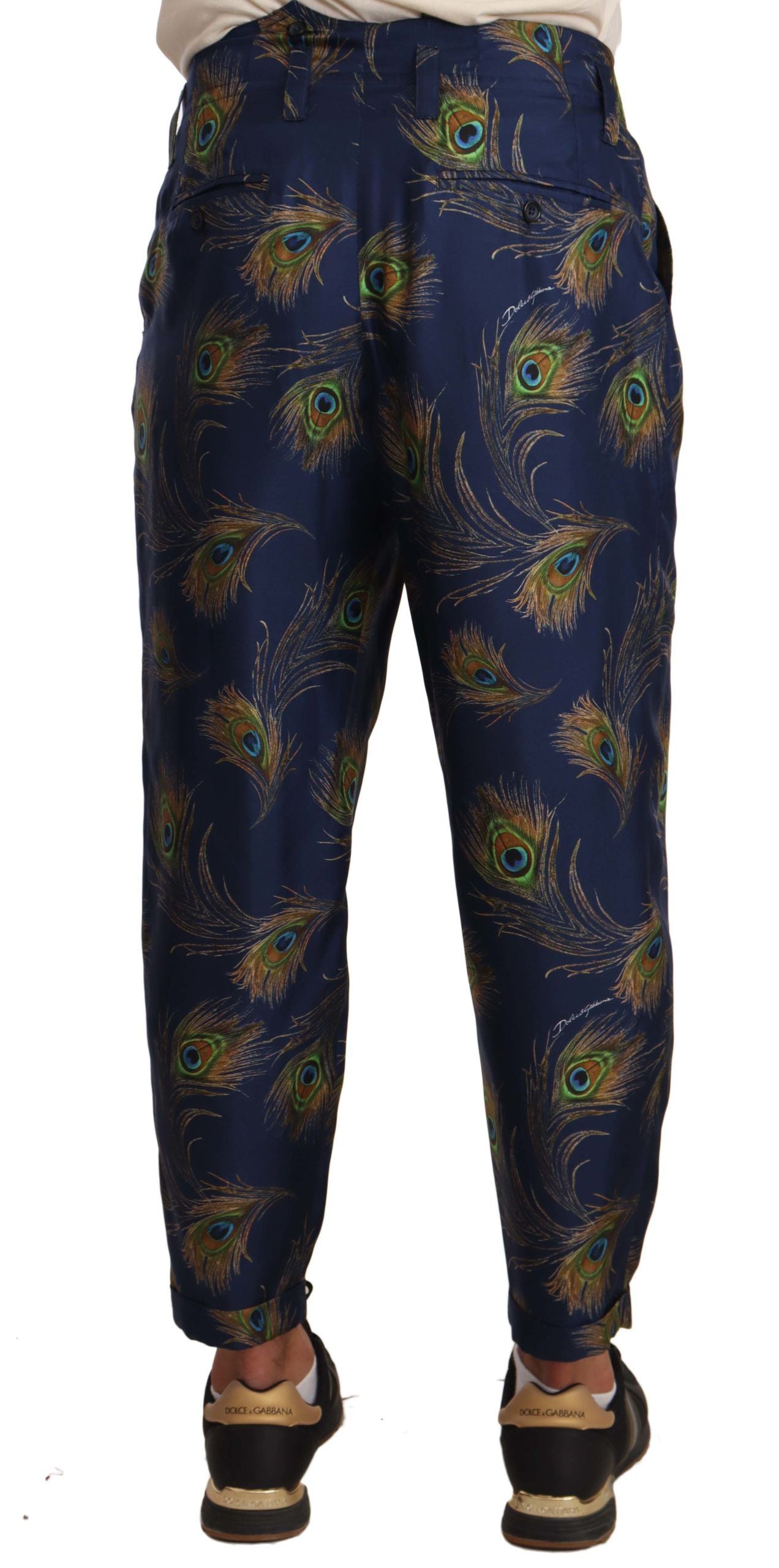 Dolce & Gabbana Blue Peacock Print Tapered Trousers Silk Pants | Regal Royce