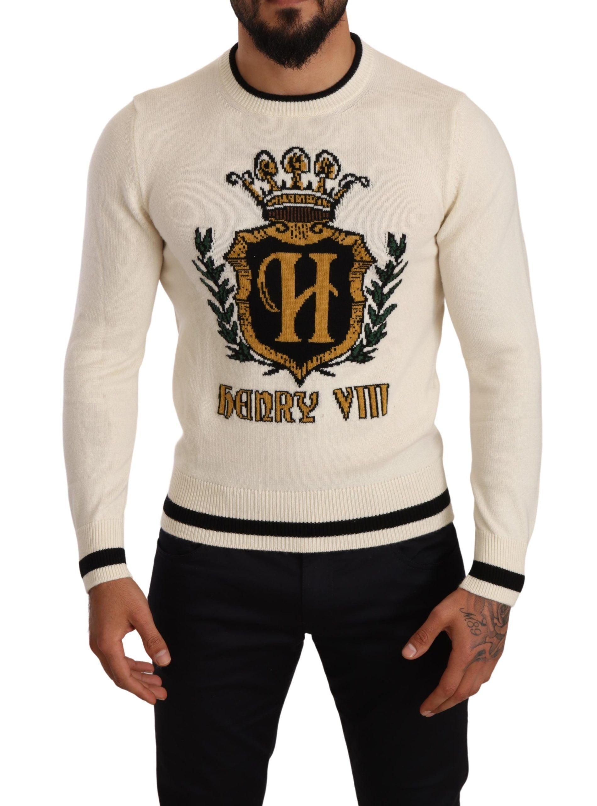 Dolce & Gabbana White Heraldic Cashmere Pullover Sweater