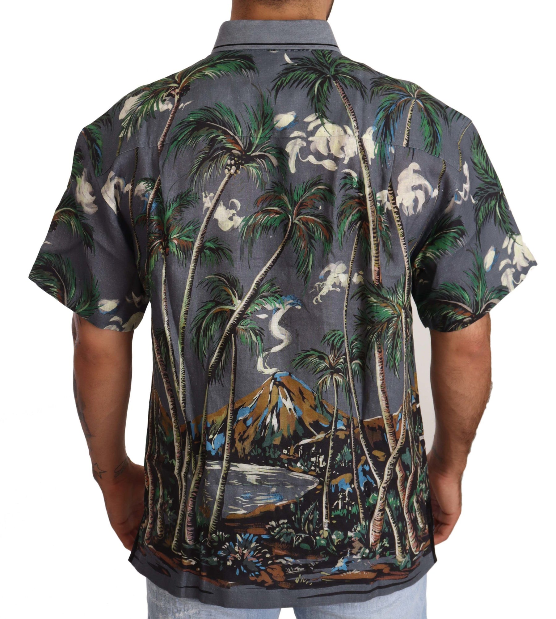 Dolce & Gabbana Gray Linen Tropical Print Collared Shirt | Regal Royce